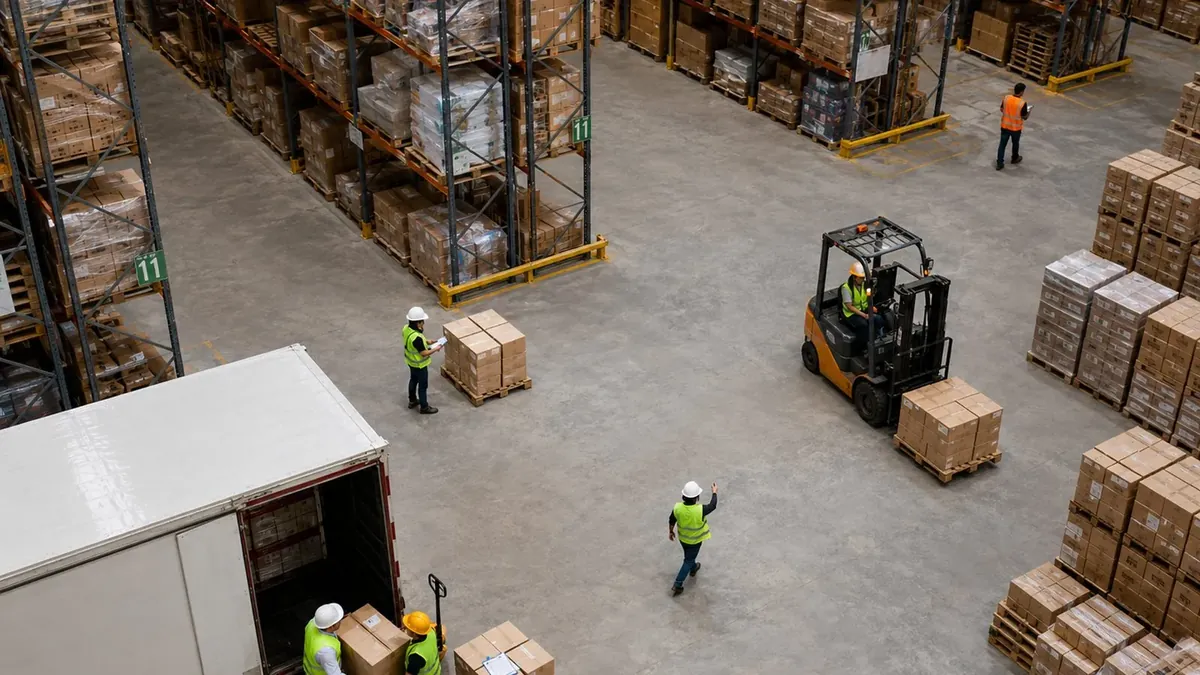 Aerial view of an outbound dock, a forklift loading pallets into a trailer