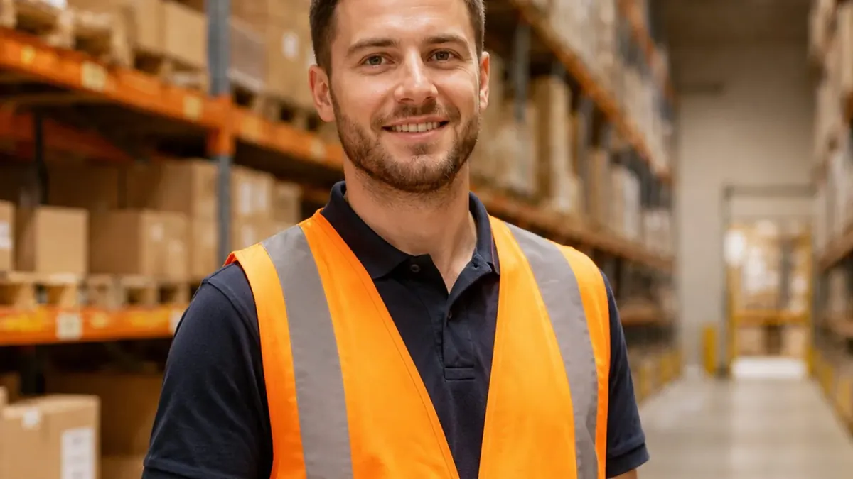 Warehouse operator in a high-visibility vest holding a rugged handheld computer