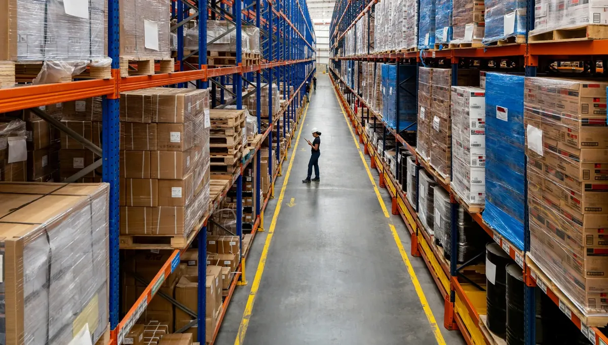 Long warehouse aisle with high racking