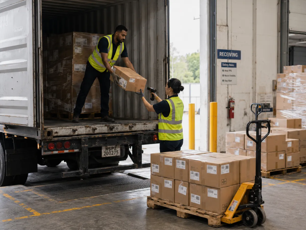 Receiving team unloading cartons from a trailer, one worker scanning a carton label with a handheld scanner