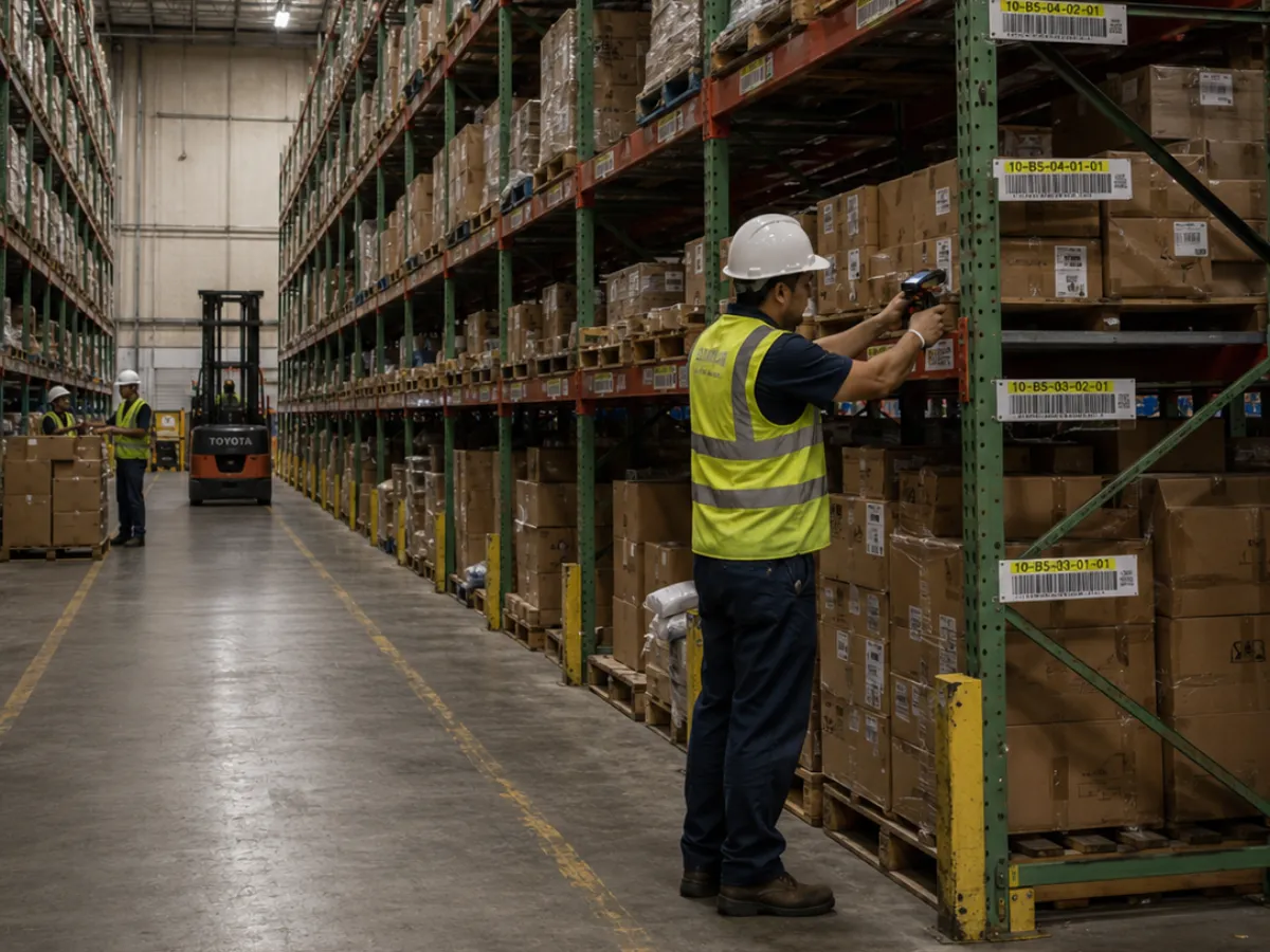 Warehouse worker in a hard hat and safety vest scanning a bin label in a tall racking aisle