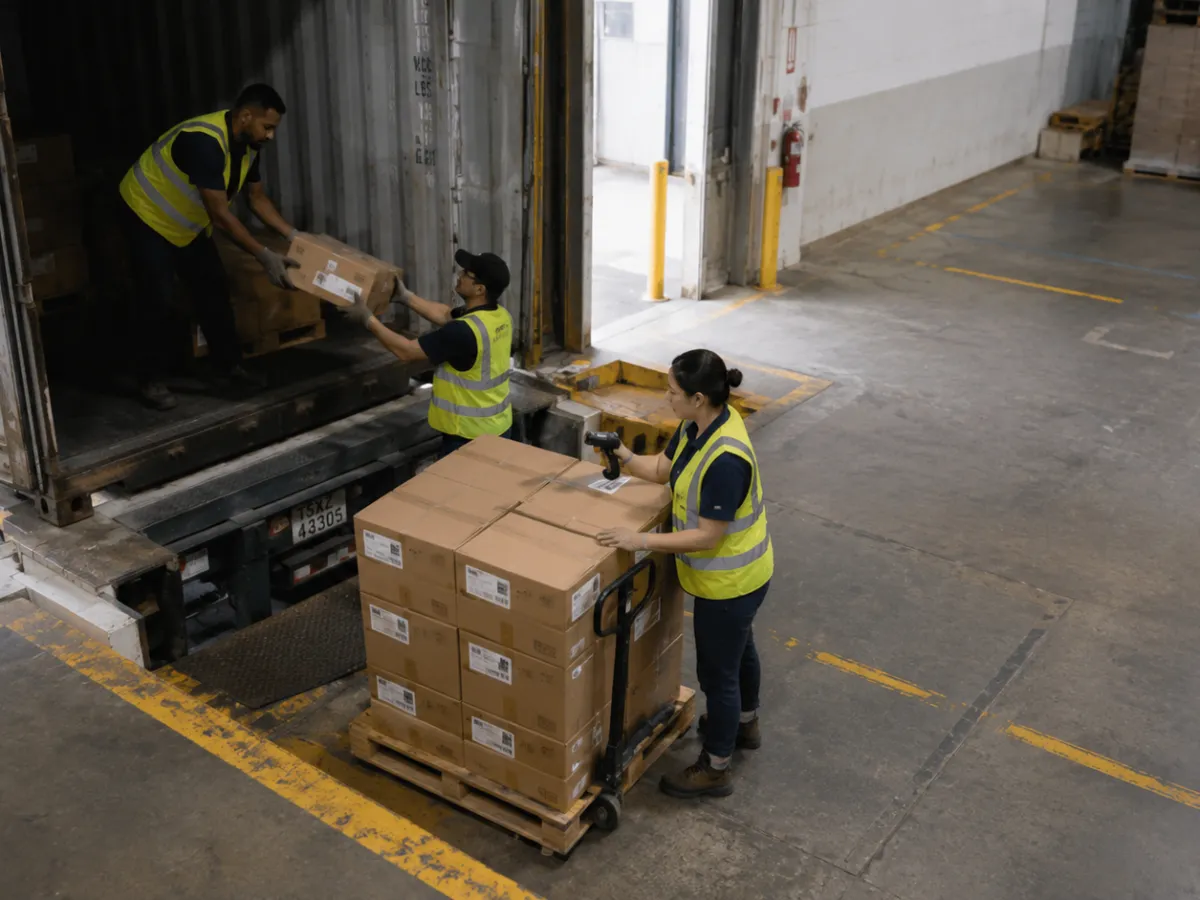 Warehouse worker in a high-visibility vest scanning a carton on a loaded pallet jack at a container dock door while two coworkers unload boxes