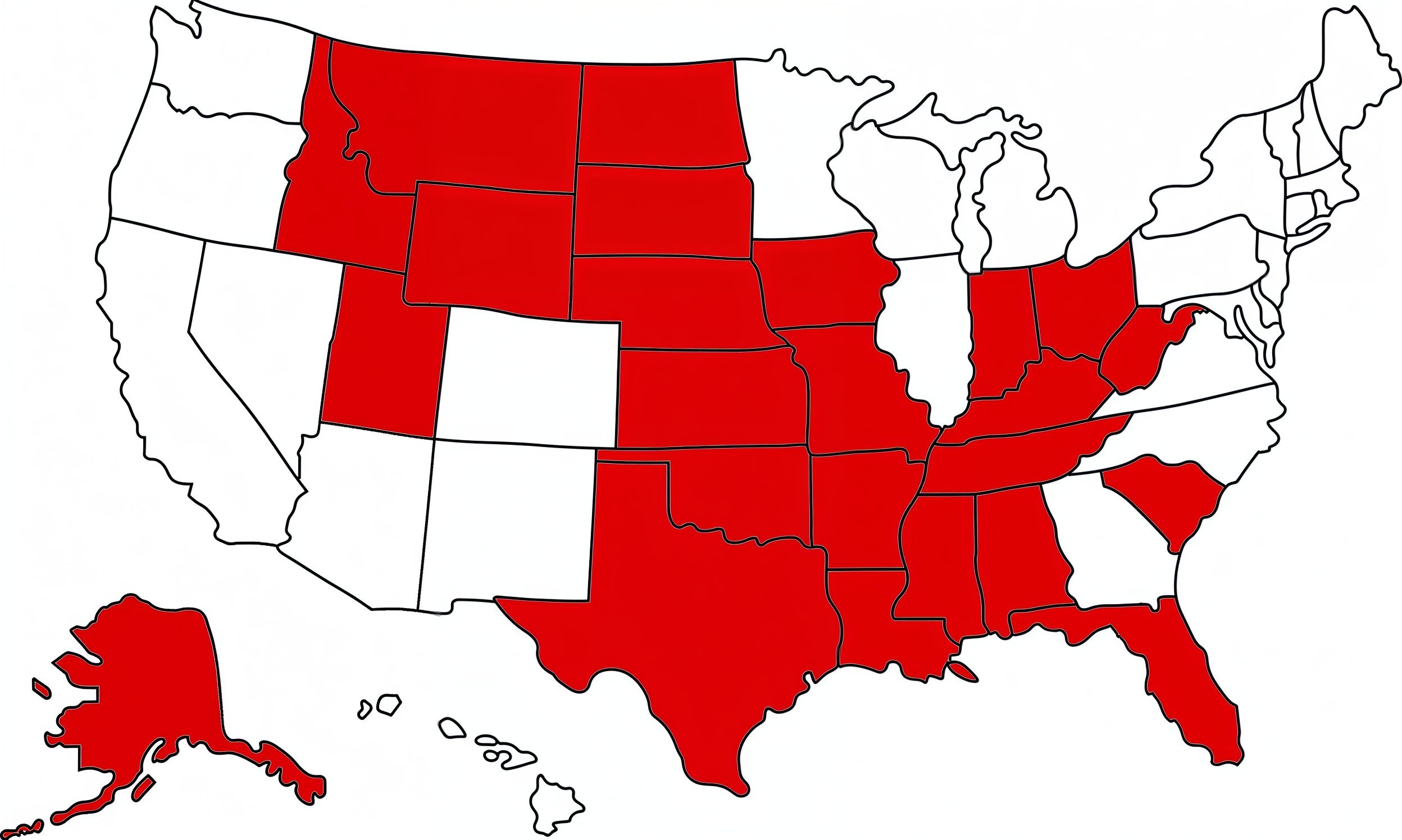 U.S. map with Alaska, Idaho, Montana, Wyoming, Utah, North Dakota, South Dakota, Nebraska, Iowa, Kansas, Missouri, Oklahoma, Arkansas, Texas, Louisiana, Mississippi, Alabama, Florida, South Carolina, Tennessee, Kentucky, Indiana, Ohio, and West Virginia highlighted in red.