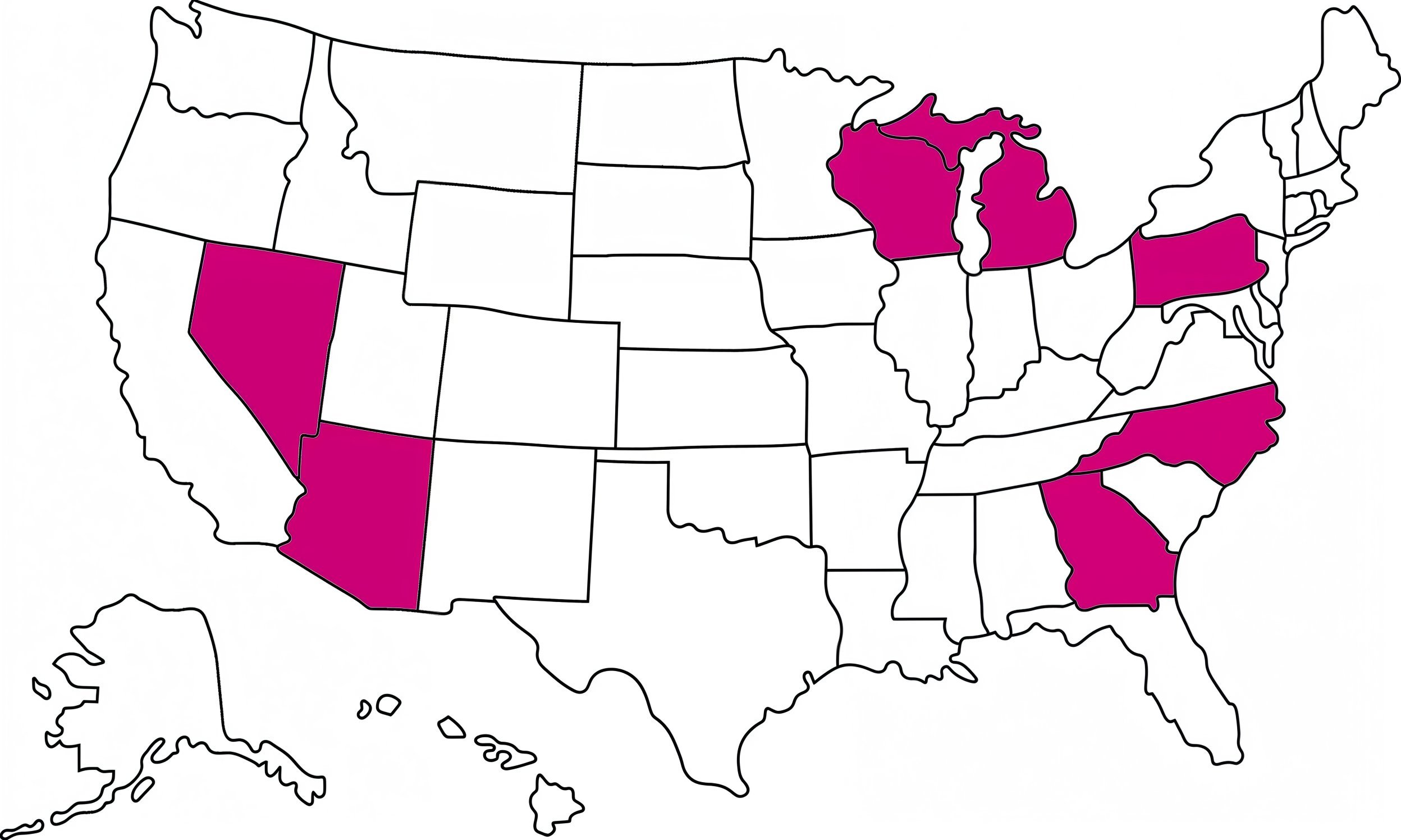 U.S. map with Nevada, Arizona, Michigan, Wisconsin, Pennsylvania, North Carolina, and Georgia highlighted in purple.