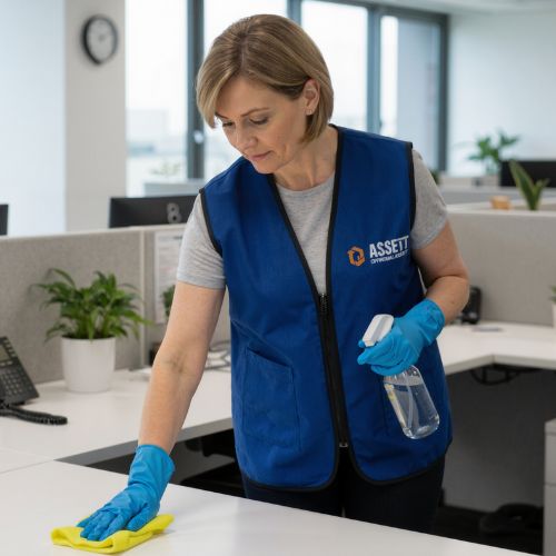 Assett cleaner at work in a client facility in Asheville
