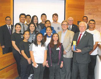 The Gahr High School Global Sustainability Project students presented their research findings on water quality and invasive species at the Don Knabe Community Regional Park and the Heritage Park to the Cerritos City Council and Mayor George Ray at a City Council meeting on February 9.