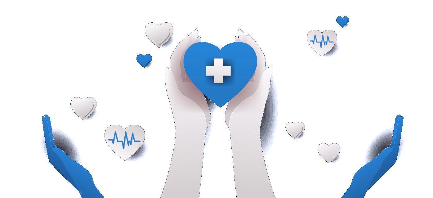 Illustration of two hands holding a blue heart with a medical cross, surrounded by heartbeat hearts