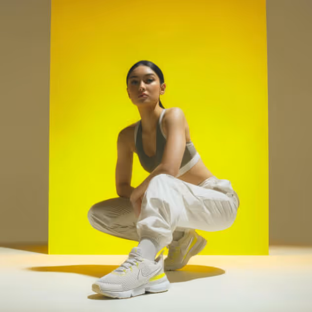 Person in white clothing against a bright yellow backdrop