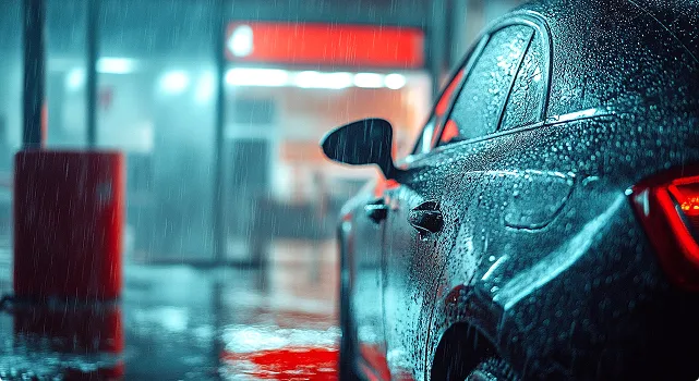 Close-up of a wet black car in the rain with water droplets on the surface and blurred background lights.