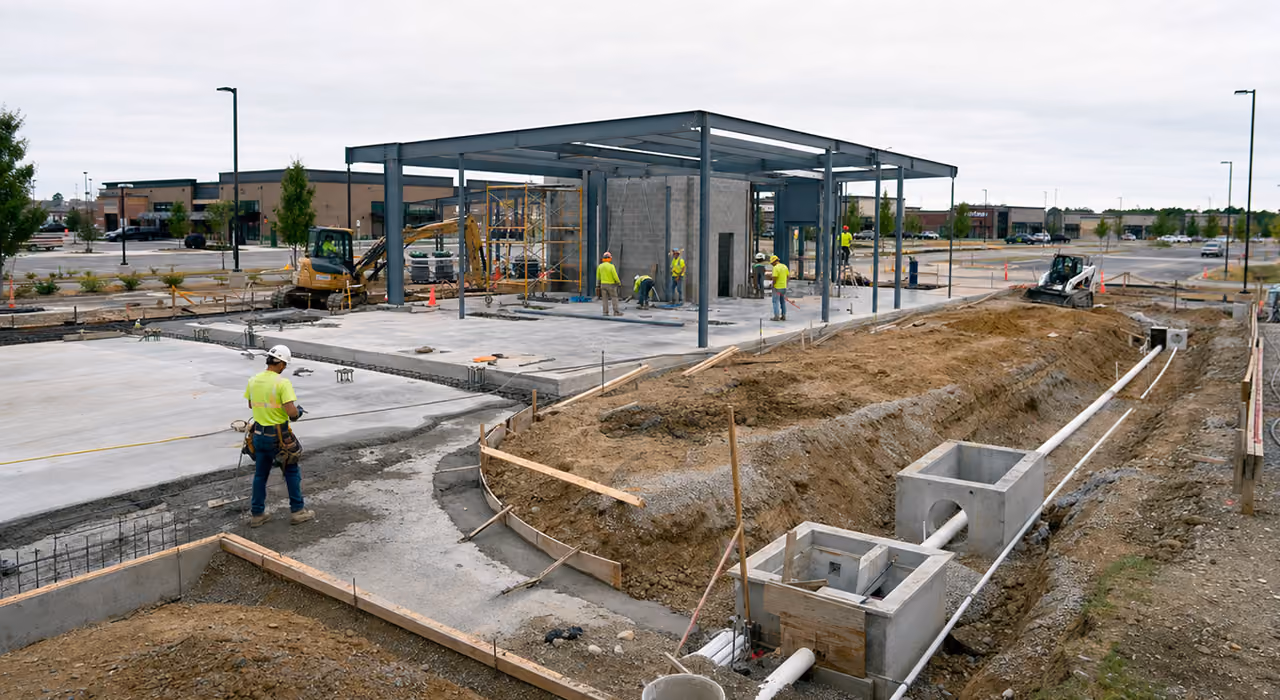 Construction workers building a steel frame structure with concrete foundation and utility pipes in a commercial area.