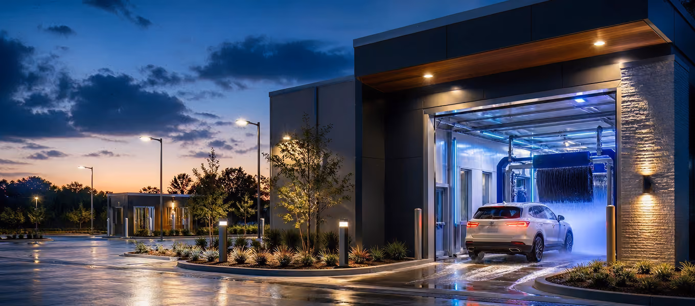 Exterior view of a sleek, modern car wash facility at dusk under a deep blue sky. A white SUV is parked inside an open-air bay lit with vibrant blue LED lights, showing internal cleaning brushes. Exterior post lights and warm overhead lighting illuminate the wet pavement and surrounding landscaping outside the building.