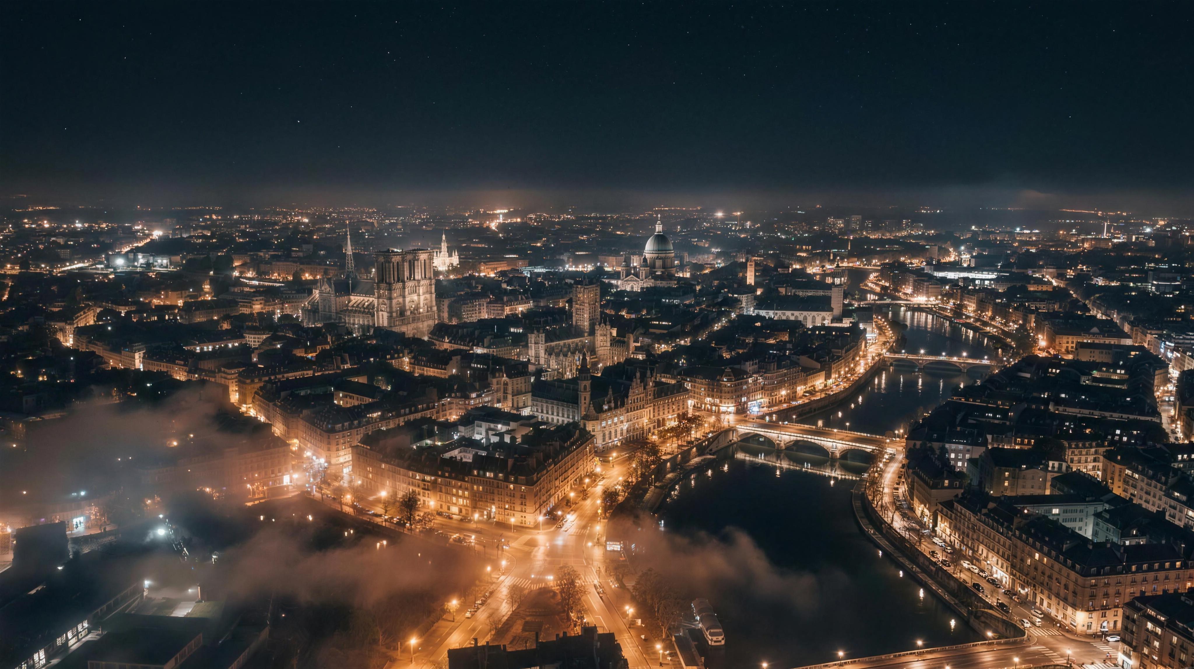 European capital city at night from high altitude