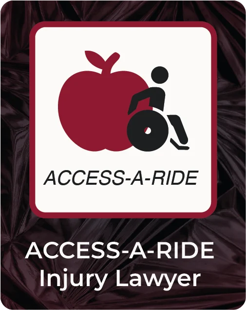 Access-A-Ride injury banner featuring an apple with a moving wheelchair related icons