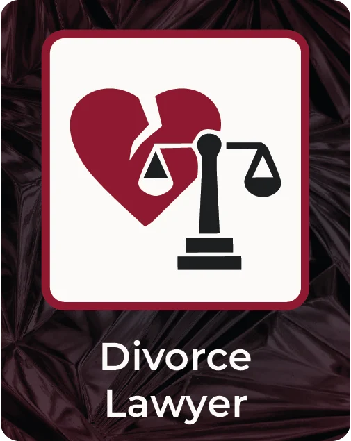 Divorce banner featuring a broken heart and scales of justice