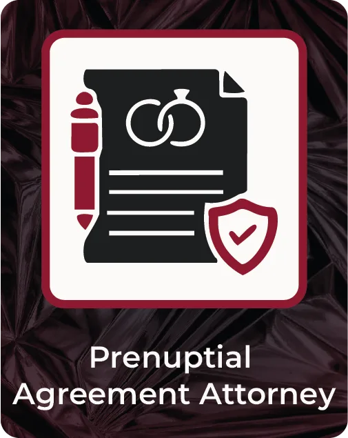Prenuptial agreement banner featuring a marriage contract, wedding rings, and protection shield