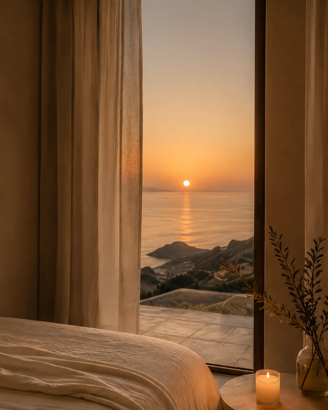 Atardecer sobre el Mediterráneo contemplado desde la intimidad de la habitación.