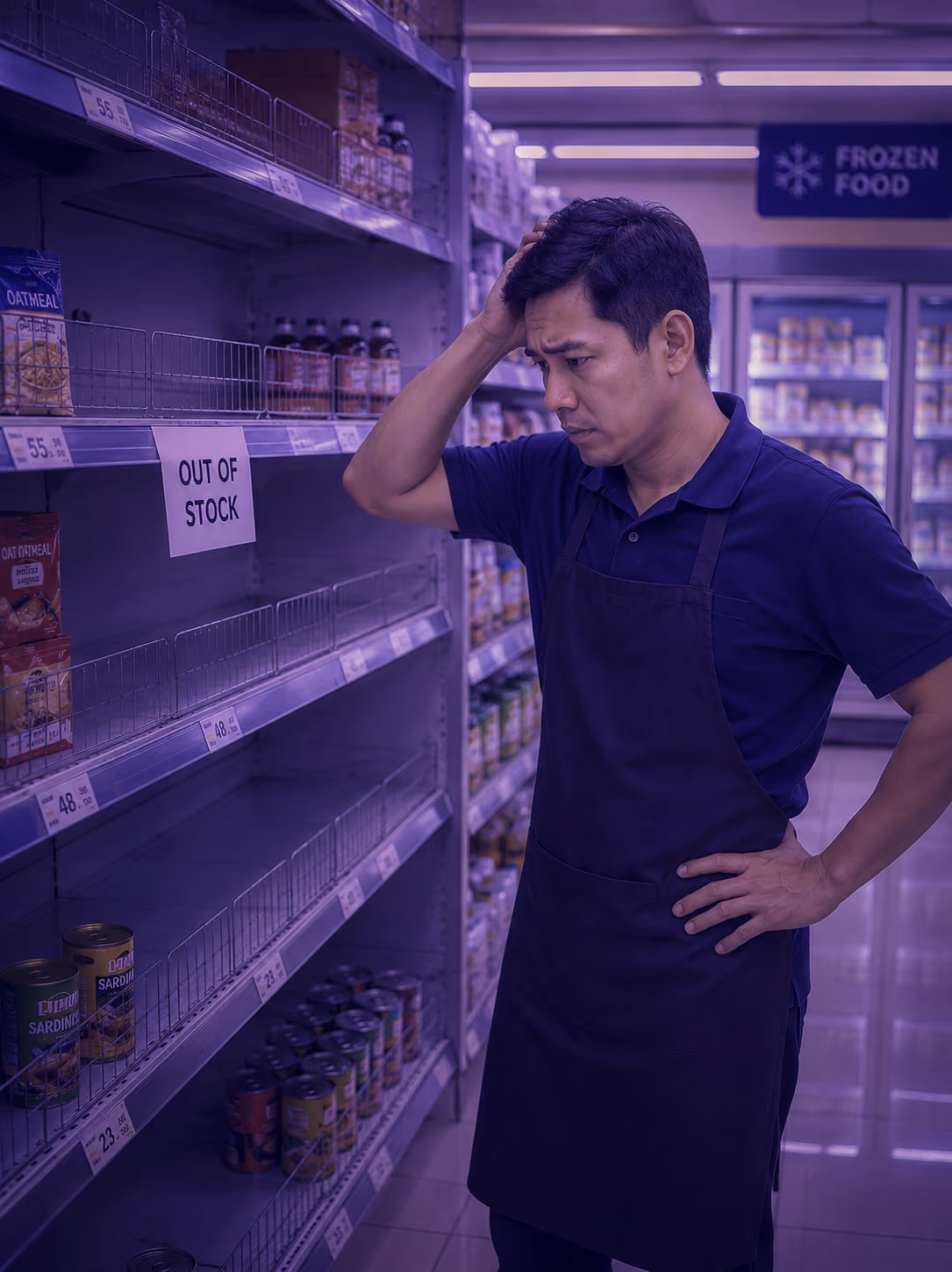 A man worried over lack of stocks and inventory during peak season