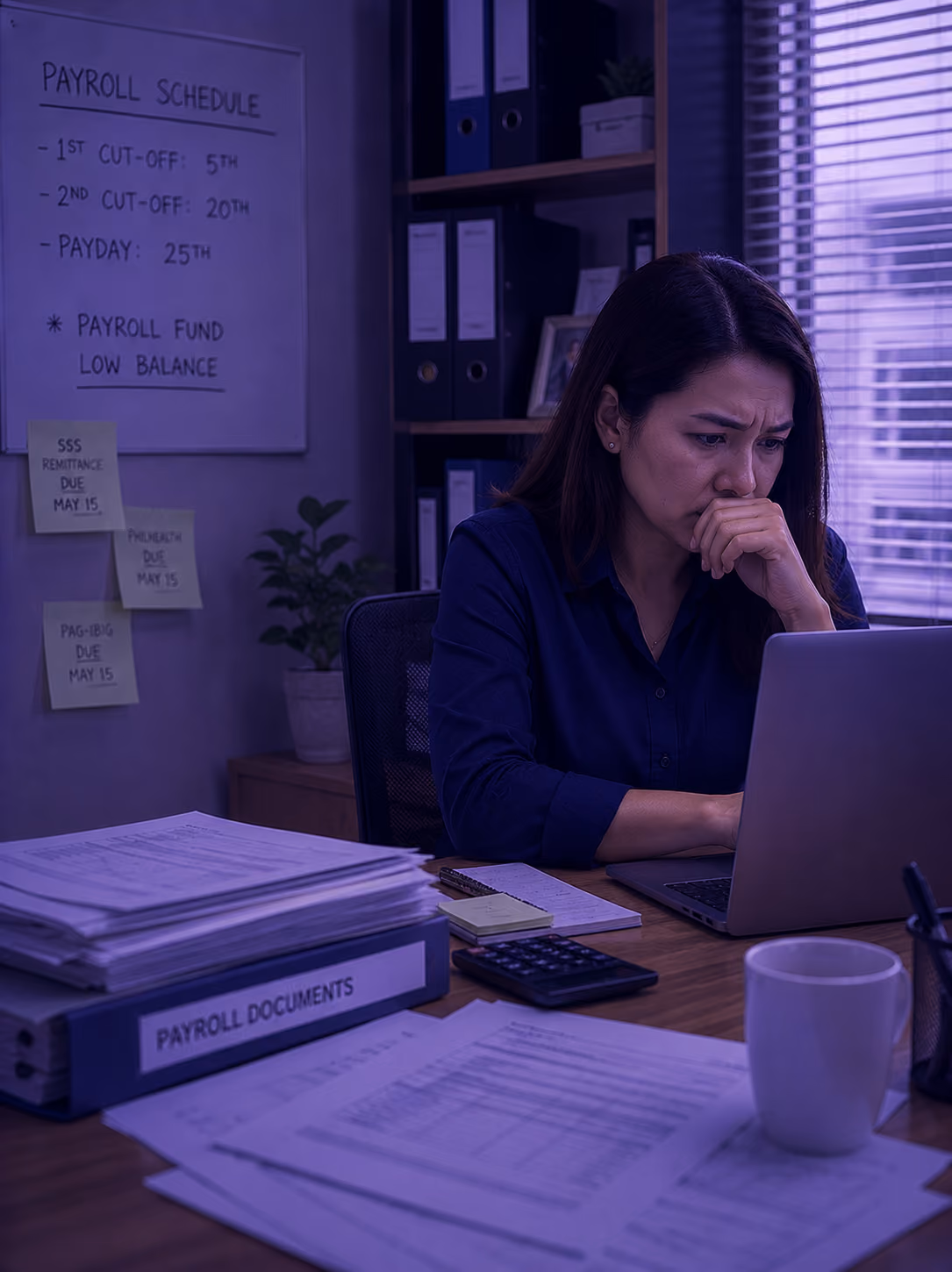 A woman struggling with payroll processing