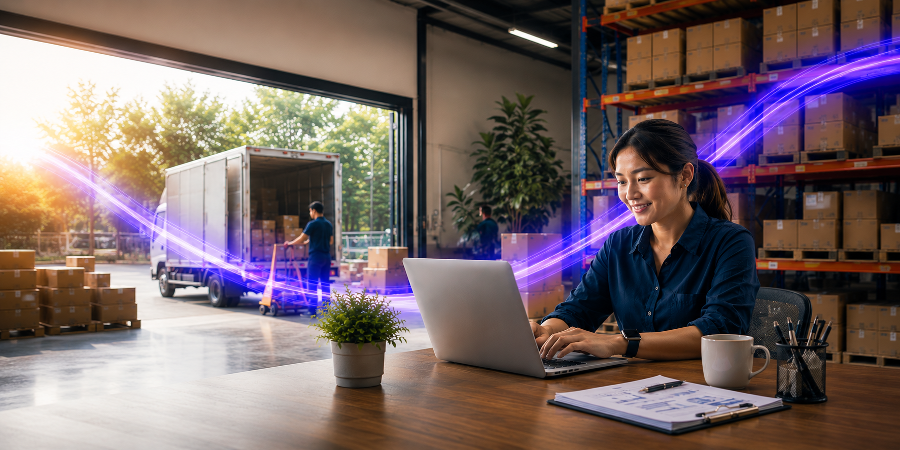 A woman happily looking at her computer