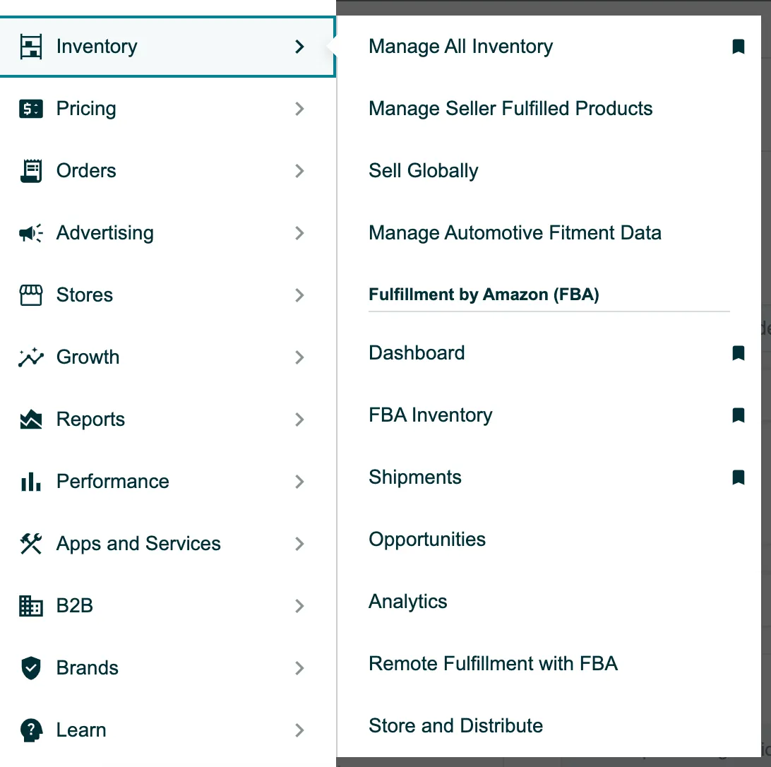 Screenshot of the inventory tab in Amazon Seller Central