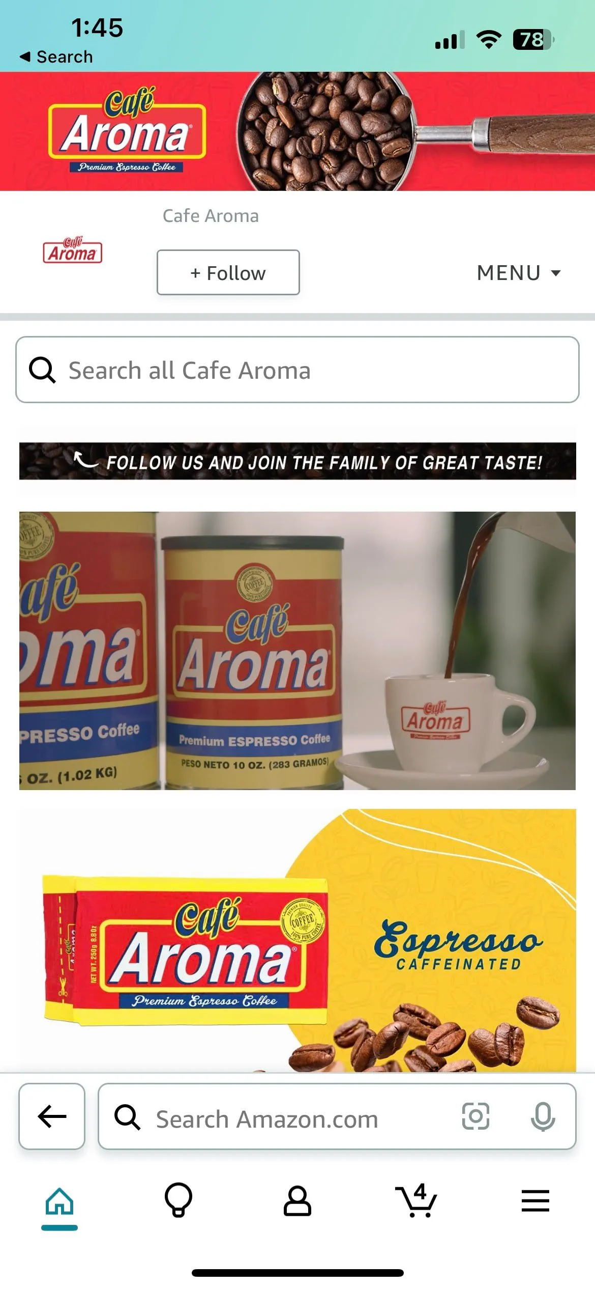 Screenshot of the Cafe Aroma mobile brand store on Amazon
