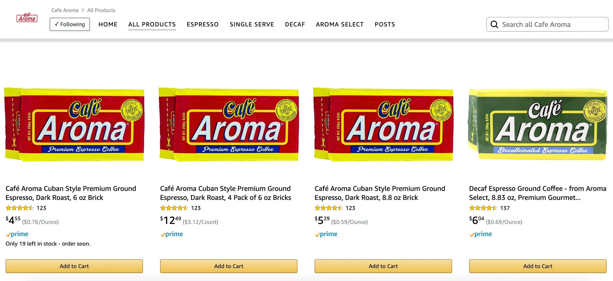 Screenshot of part of the Cafe Aroma brand stor