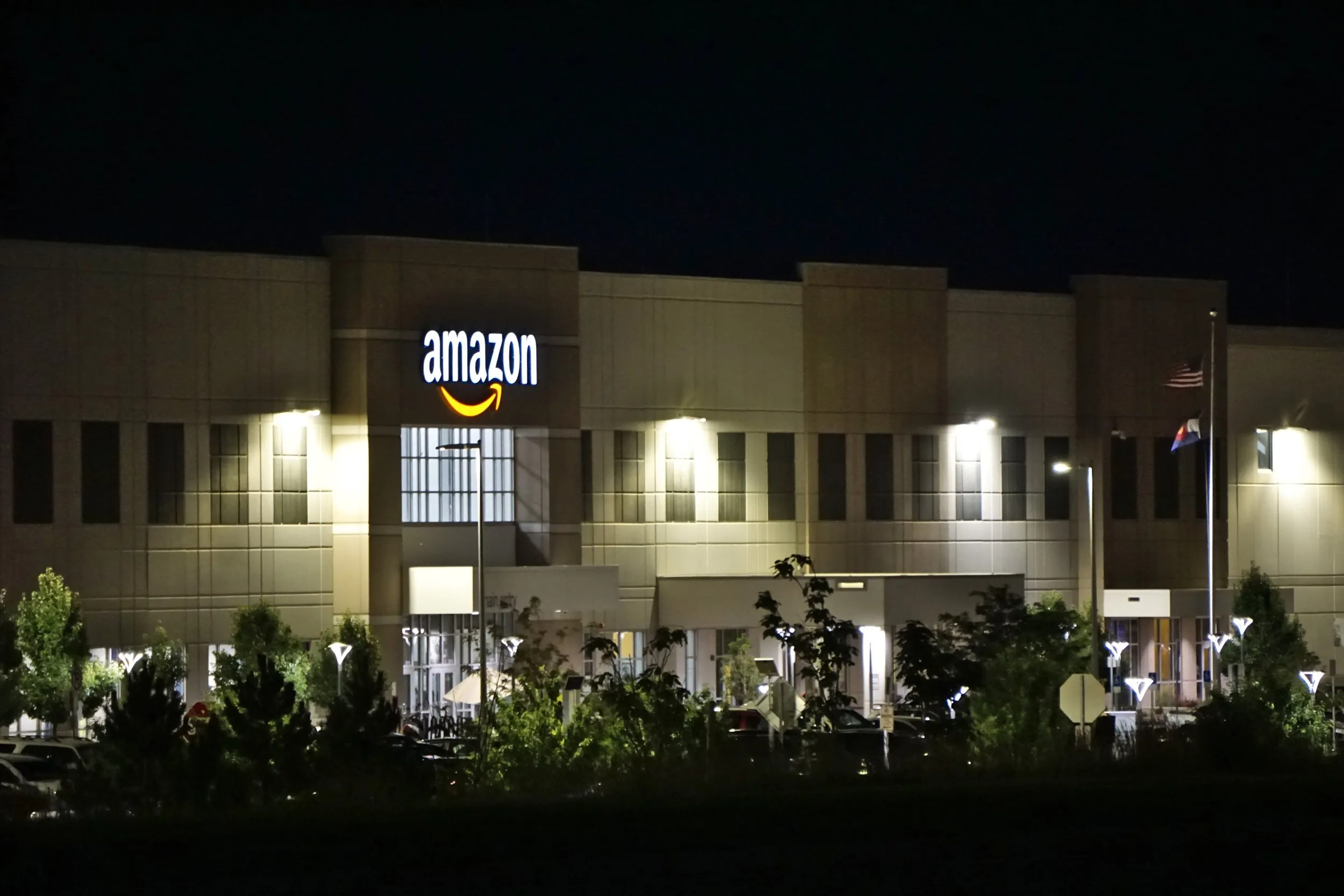 Amazon office building at night
