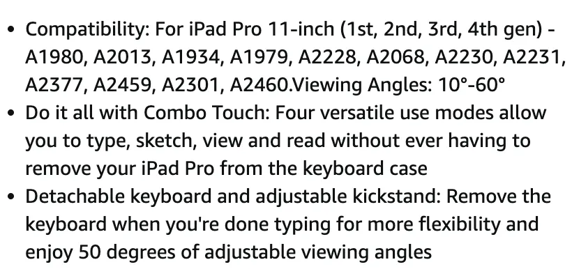 Screenshot from Amazon.com of bullet points