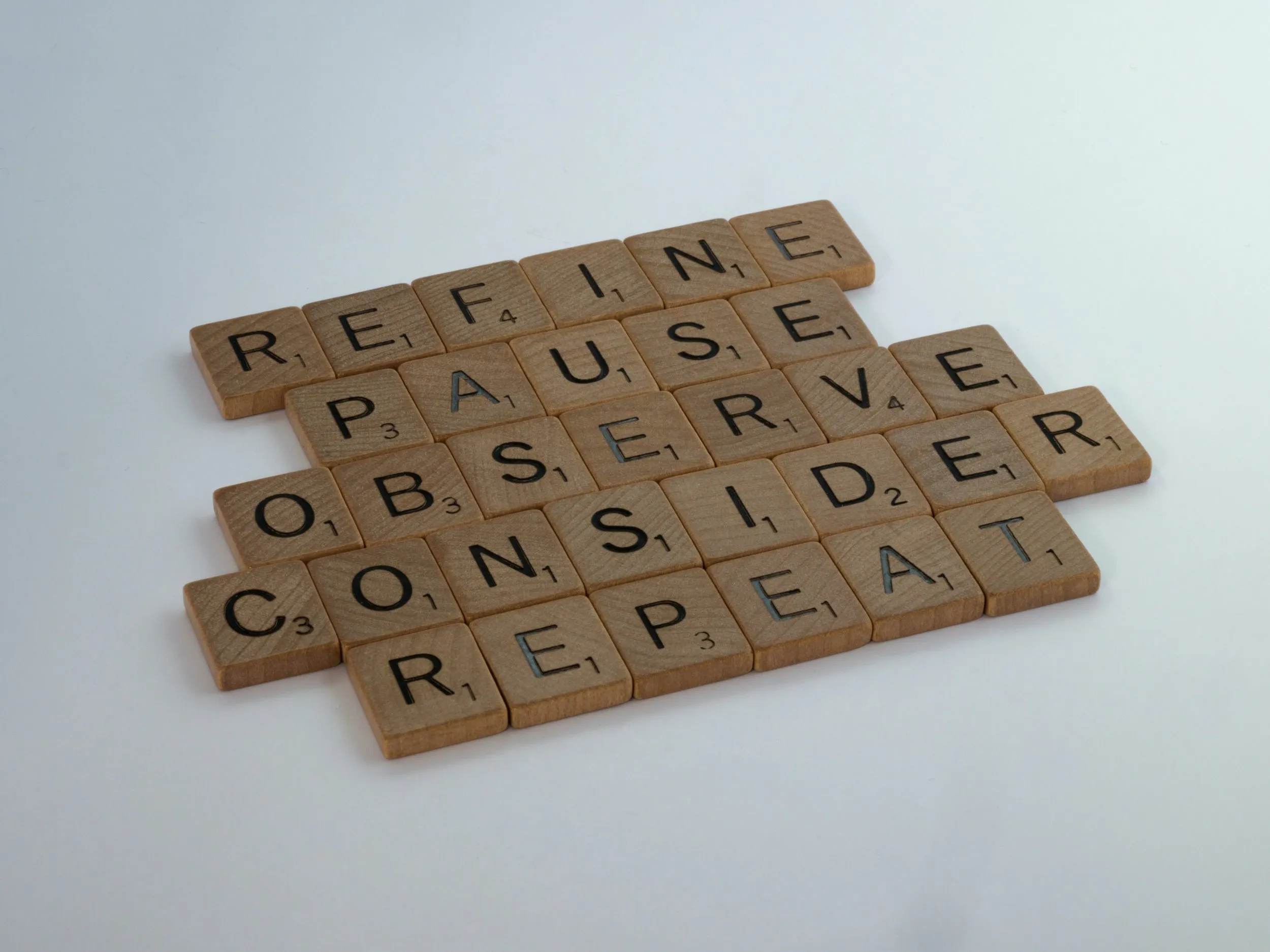 Refine, Pause, Observe, Consider, and Repeat in Scrabble letters