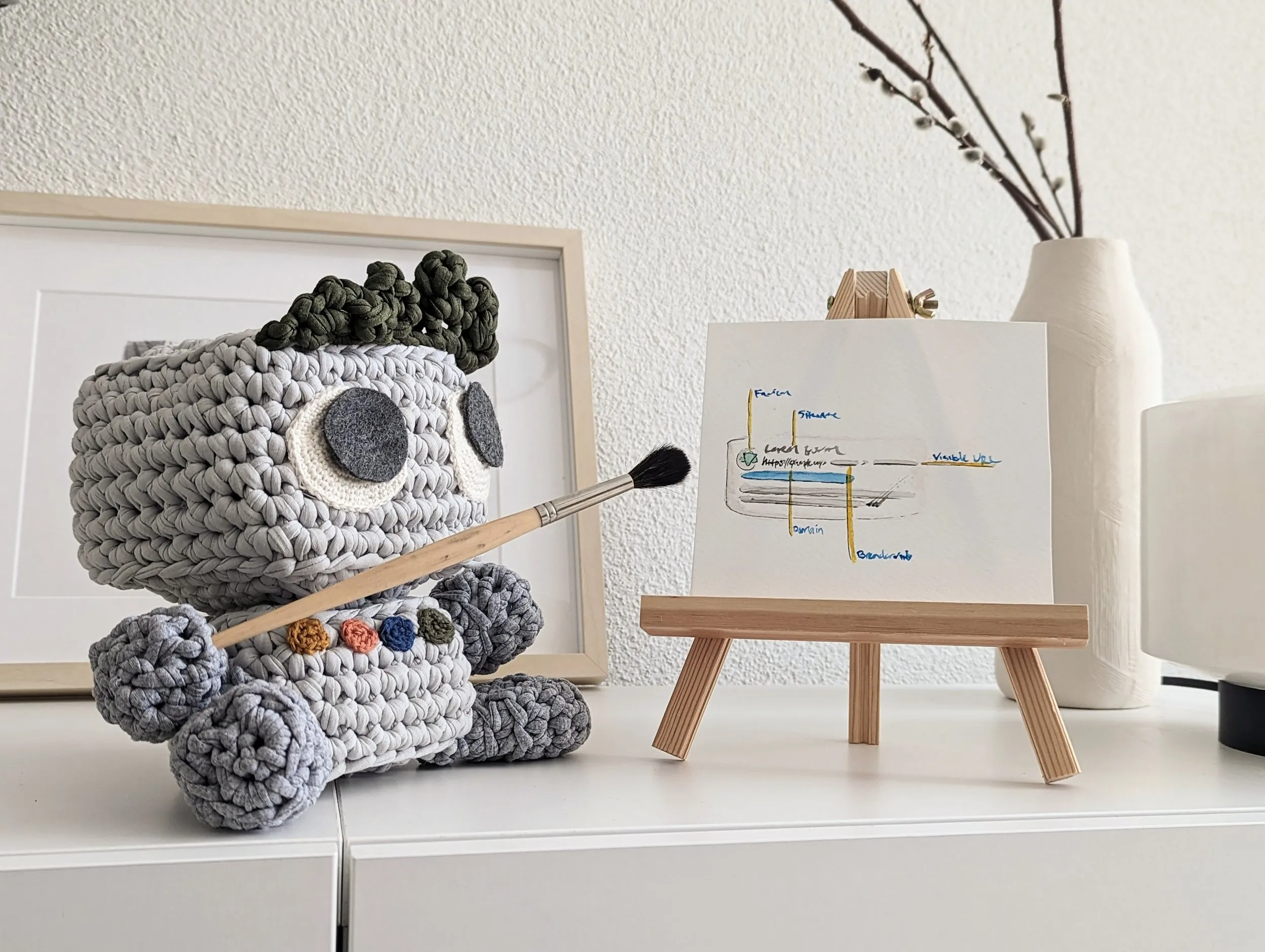 A robot plushie pointing to an easel with a strategy drawn out