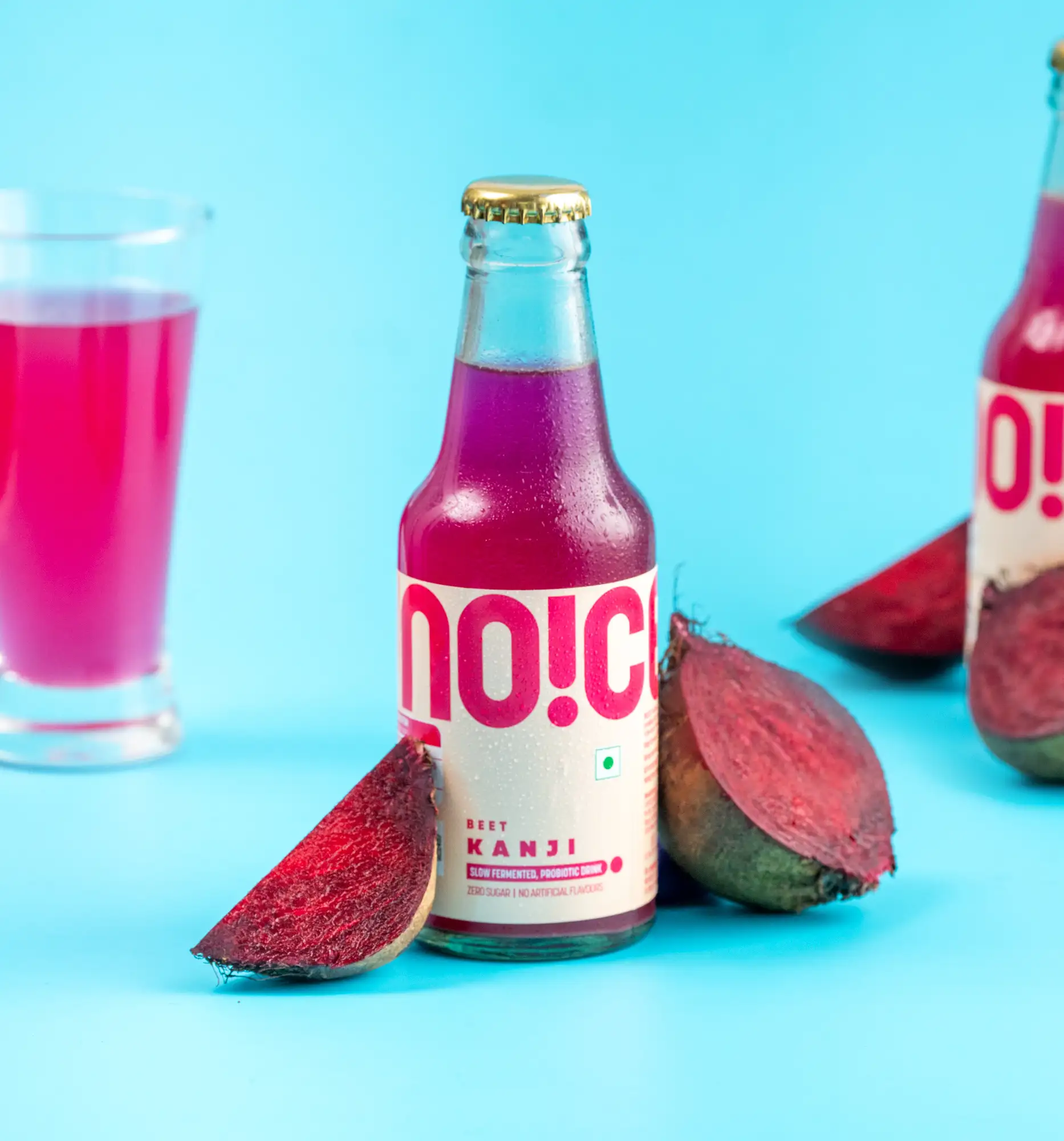 NOICE beet kanji desi kombucha, crafted with fermented beetroots and carrots with zero sugar.