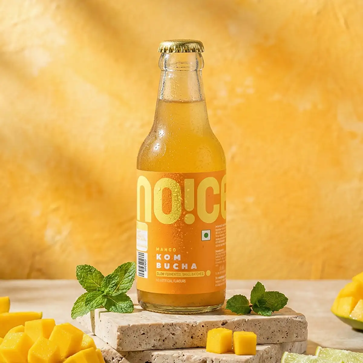 NOICE mango kombucha slow-fermented in small batches with natural ingredients and zero artificial flavors