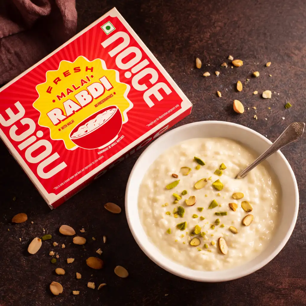 NOICE Fresh Malai Rabdi, a thick and creamy traditional Indian dessert with a grainy texture, slow-cooked in small batches with no preservatives