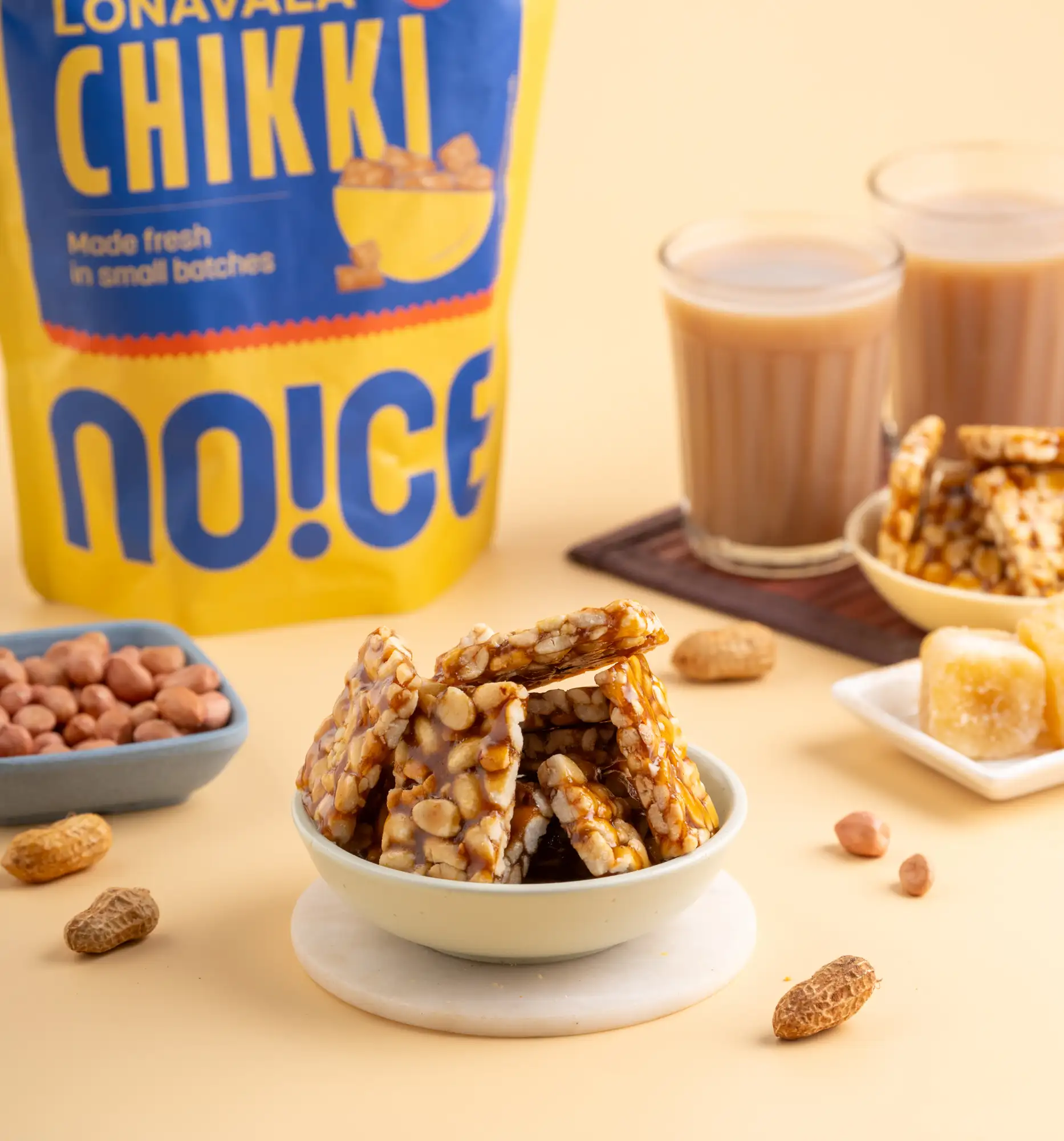 NOICE Lonavala Chikki made with roasted peanuts and dark jaggery, crafted in small batches with no palm oil and zero added preservatives
