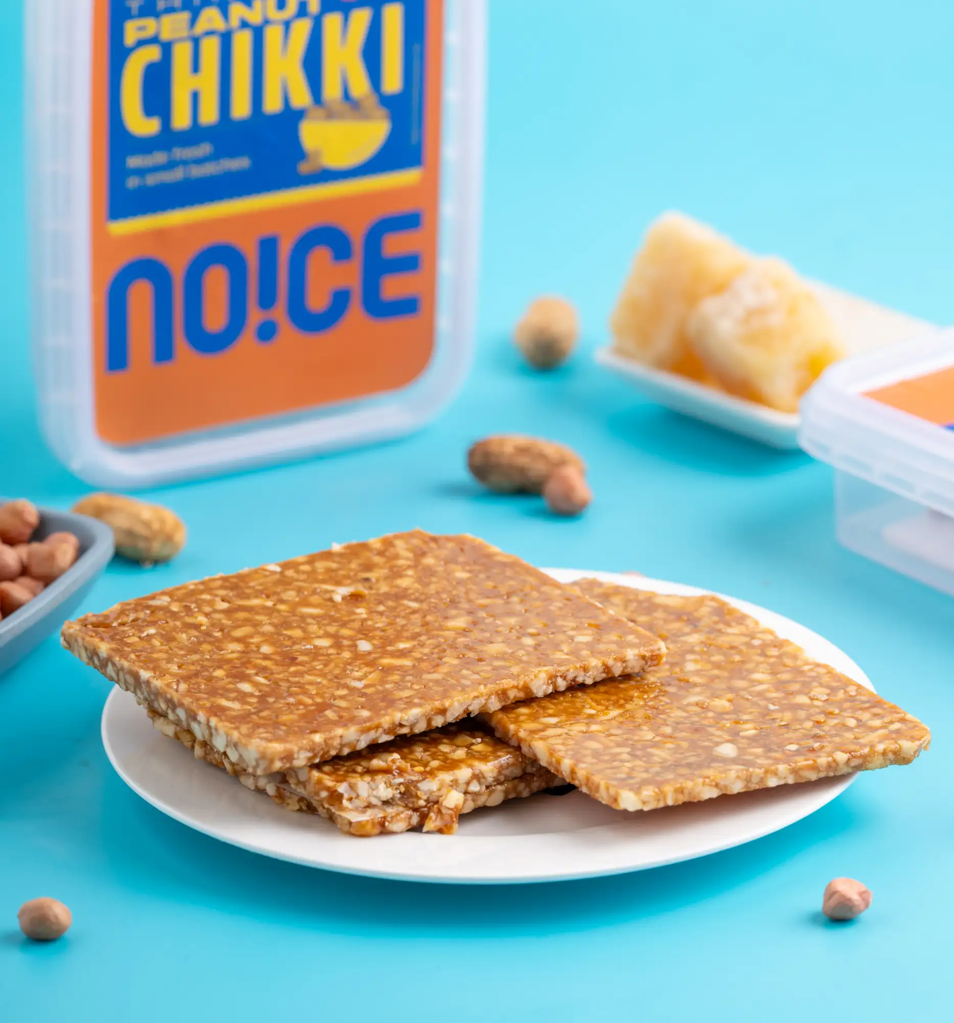 NOICE Thins Peanut Chikki made with roasted crushed peanuts and golden jaggery, crafted in small batches with zero added preservatives