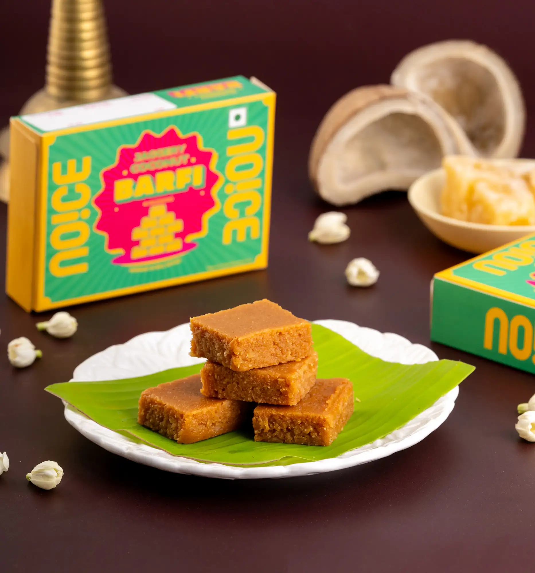 NOICE Jaggery Coconut Barfi made with roasted coconut and pure jaggery, handcrafted in small batches with desi ghee and zero preservatives