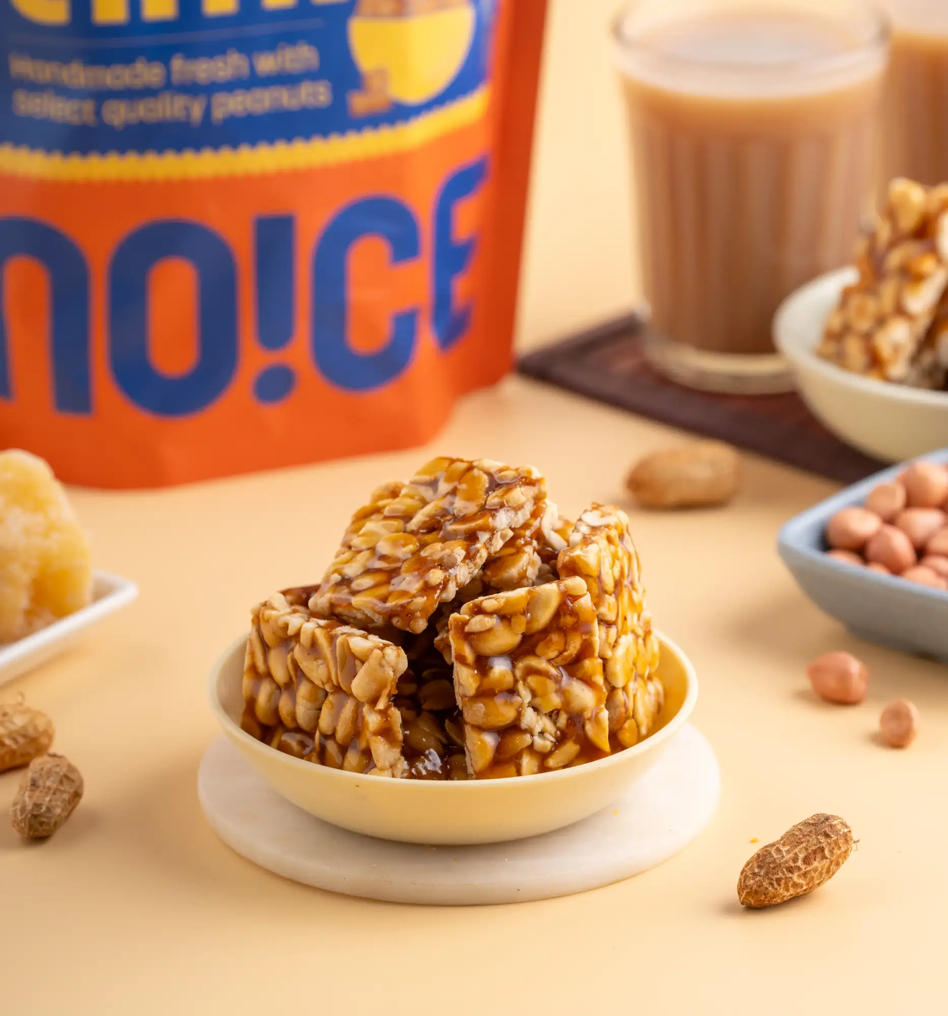 NOICE handmade jaggery peanut chikki made with raw jaggery, loaded with peanuts, and zero palm oil