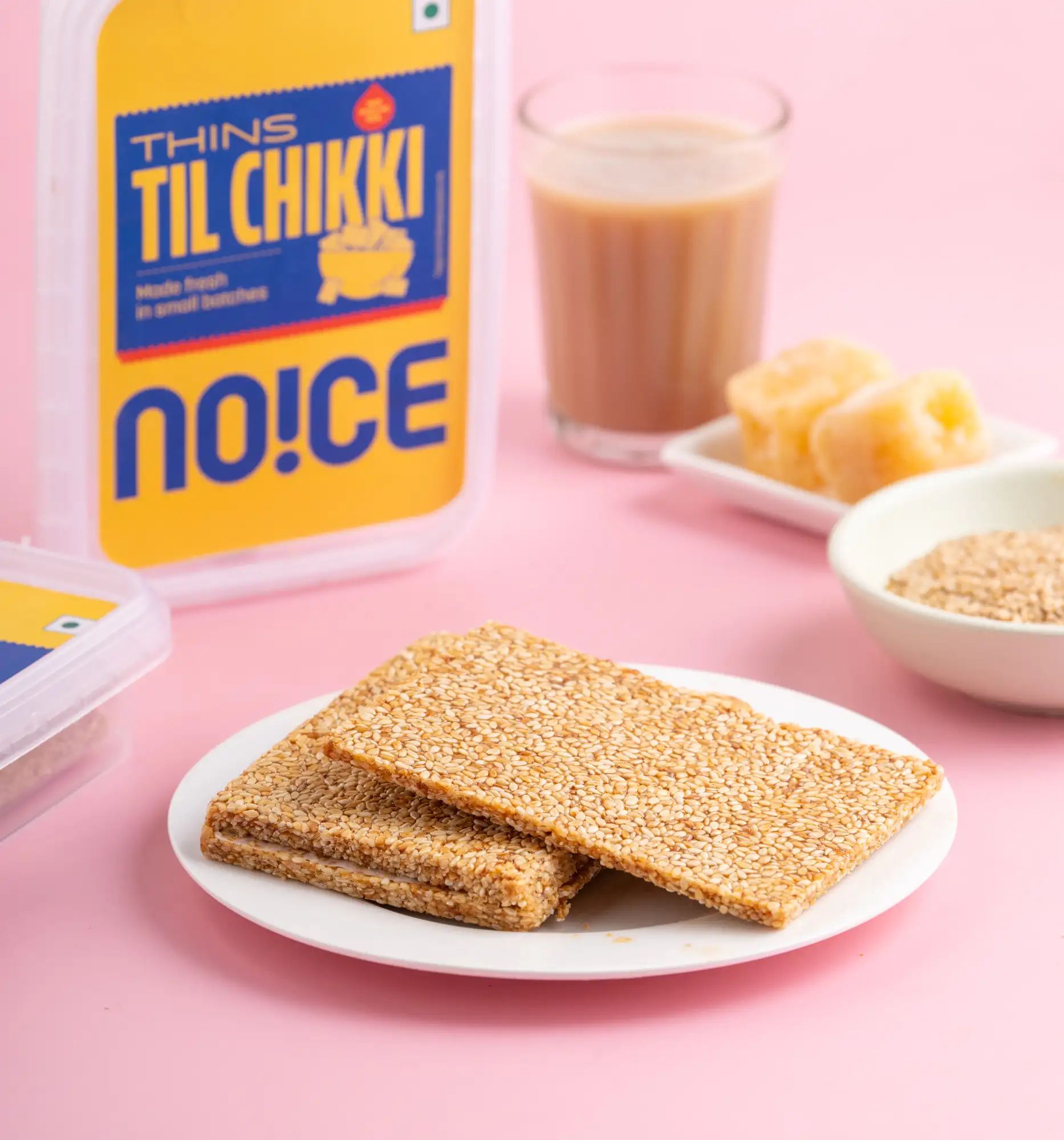 NOICE Thins Til Chikki made with roasted white sesame seeds and golden jaggery, crafted in small batches with zero added preservatives.