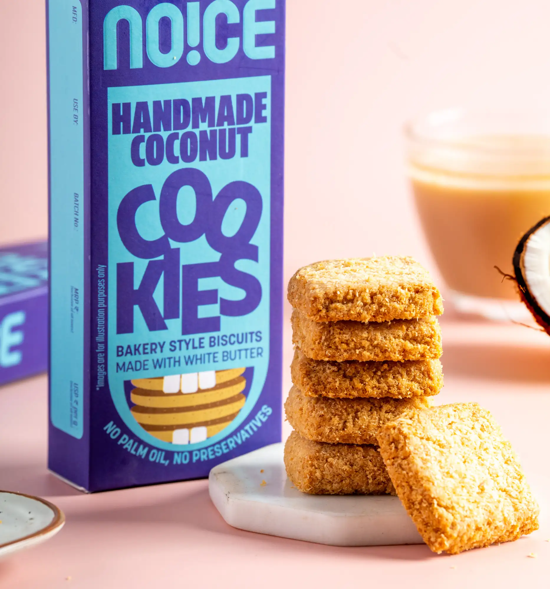 NOICE handmade coconut cookies baked with real coconut powder, butter, and zero palm oil.