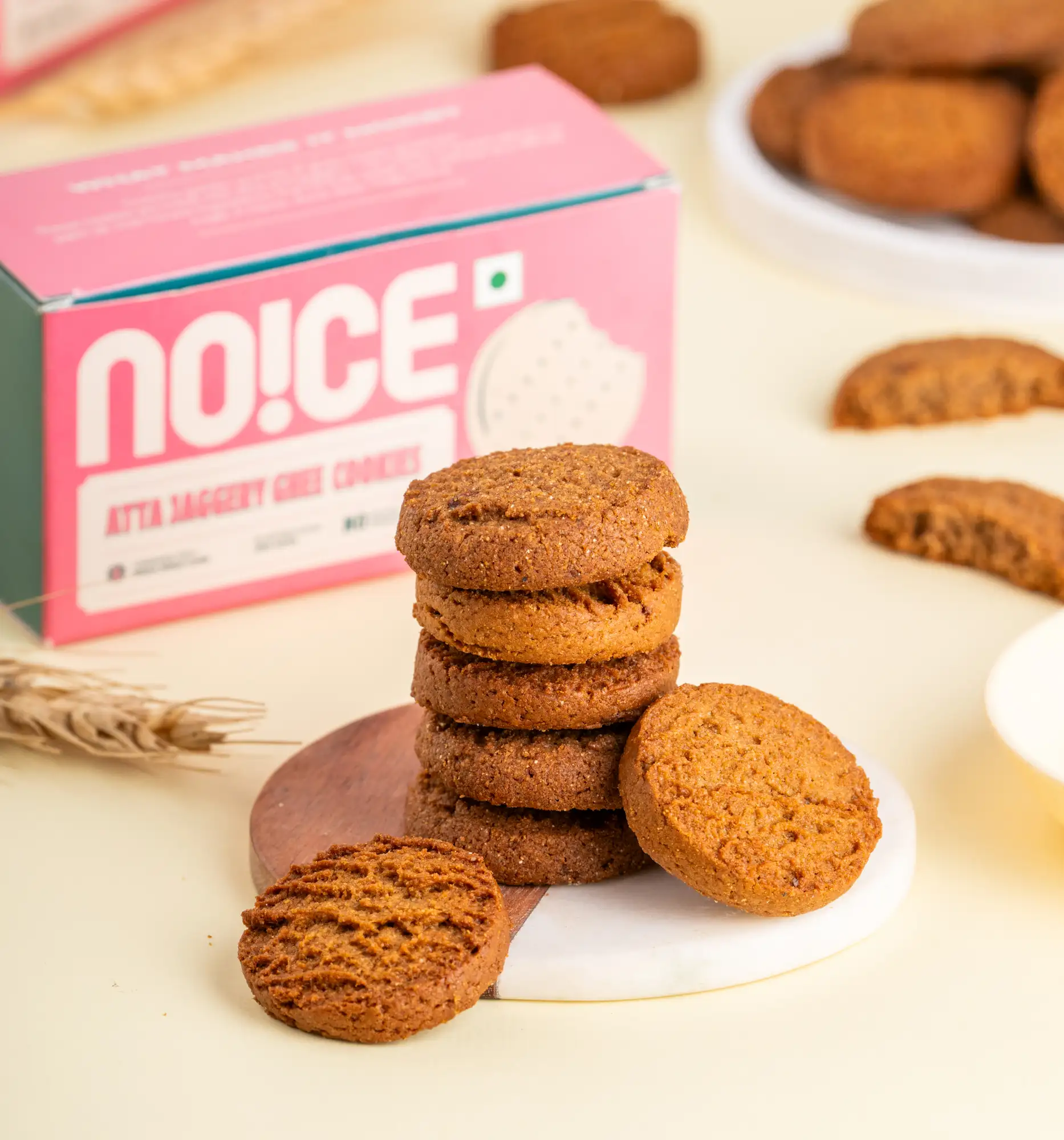 NOICE atta jaggery ghee cookies, handcrafted with whole wheat flour, ghee, jaggery, and zero palm oil.