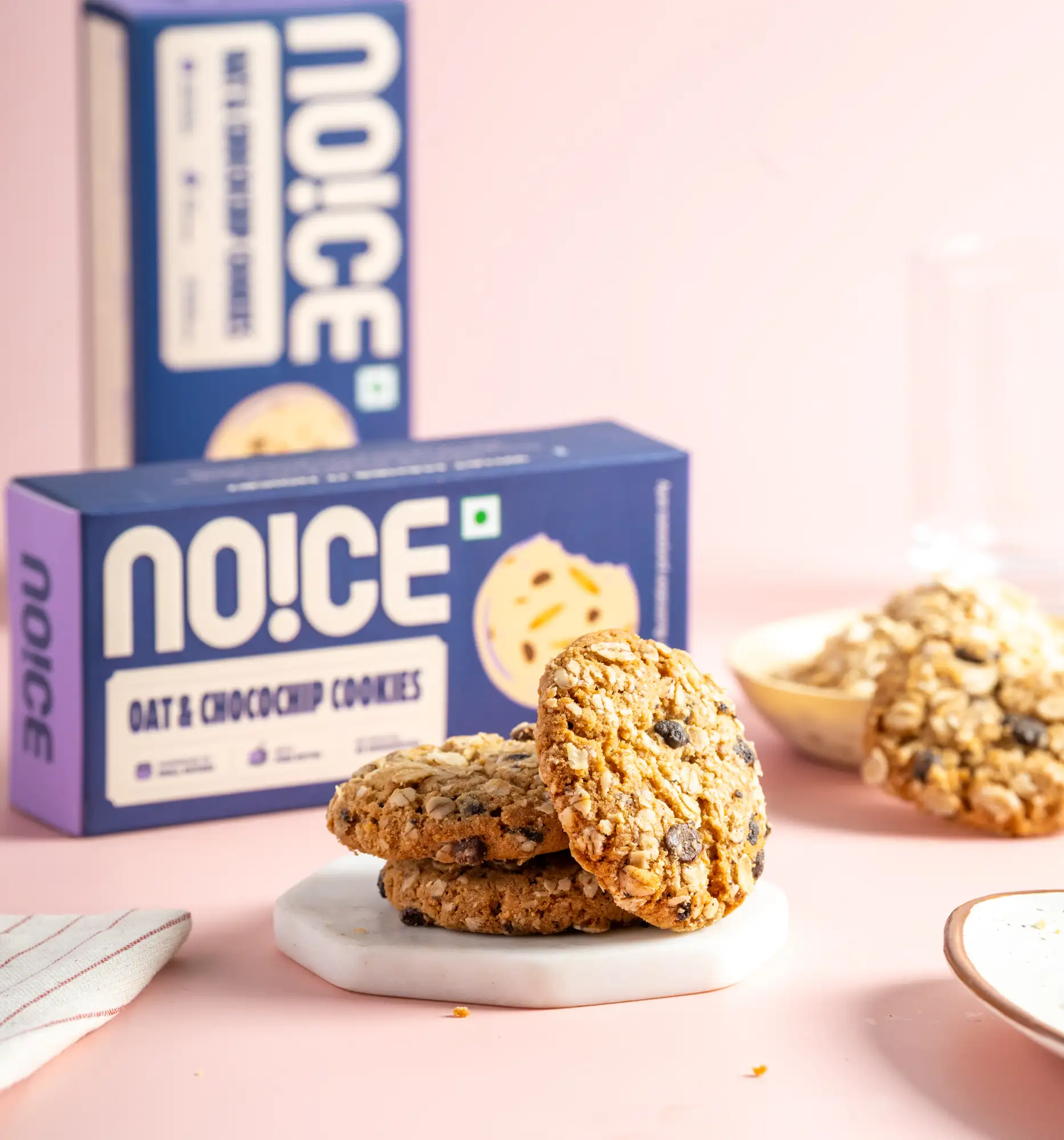 NOICE oat and chocochip cookies packed with oats, chocolate chips, and real butter.