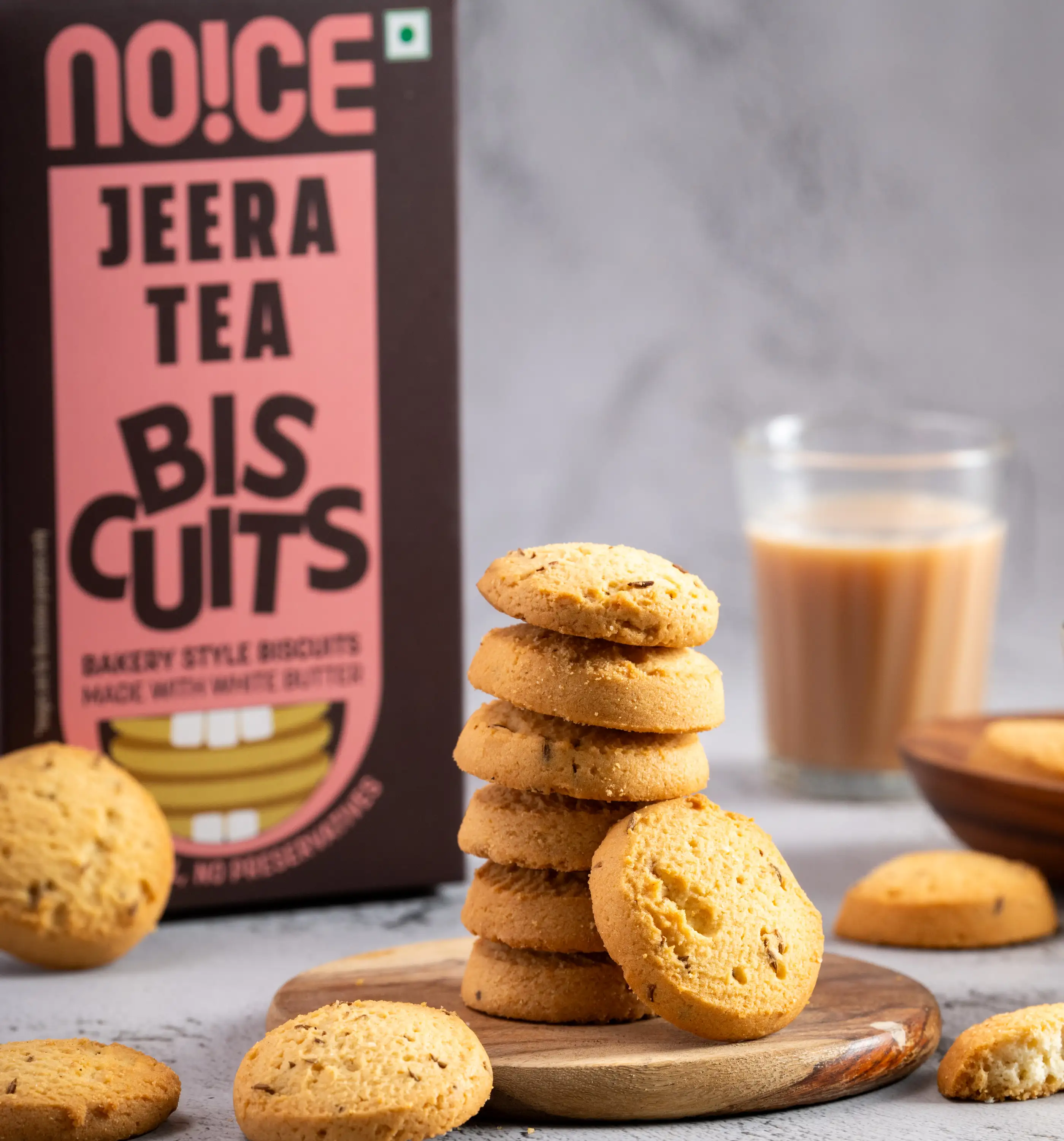 NOICE jeera tea biscuits baked with real jeera, butter, and zero palm oil