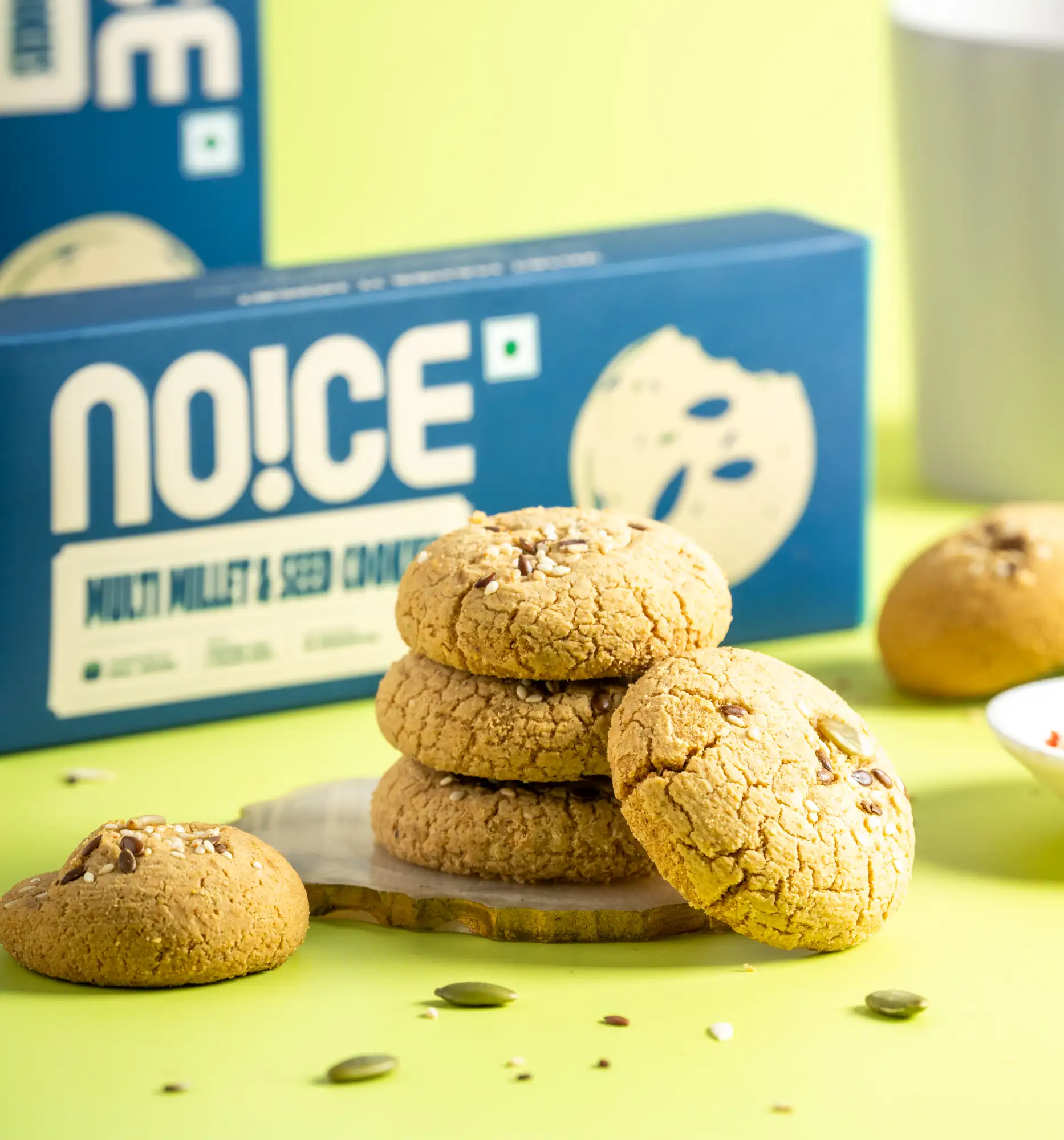 NOICE premium millet cookies baked with jowar, bajra, super seeds, and zero palm oil.