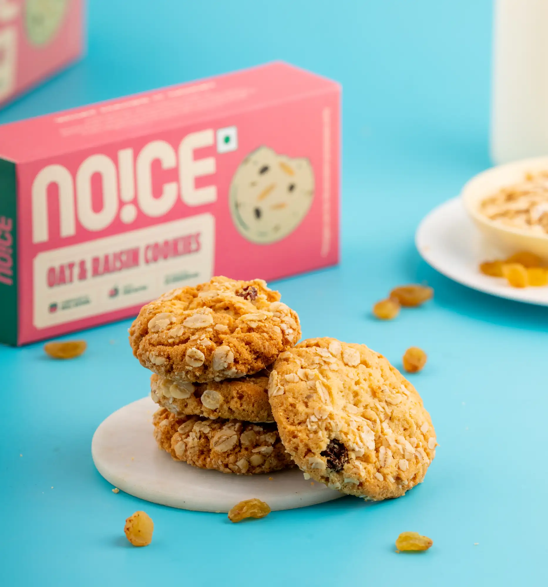 NOICE oat and raisin cookies made with hearty oats, chewy raisins, and real butter