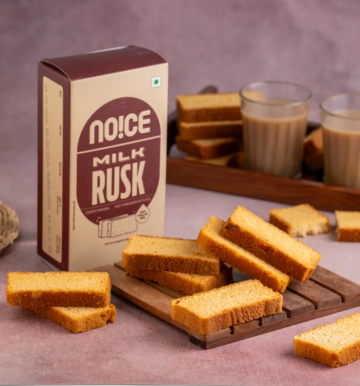 NOICE milk rusk made with real milk and zero maida, baked to a golden crunch.