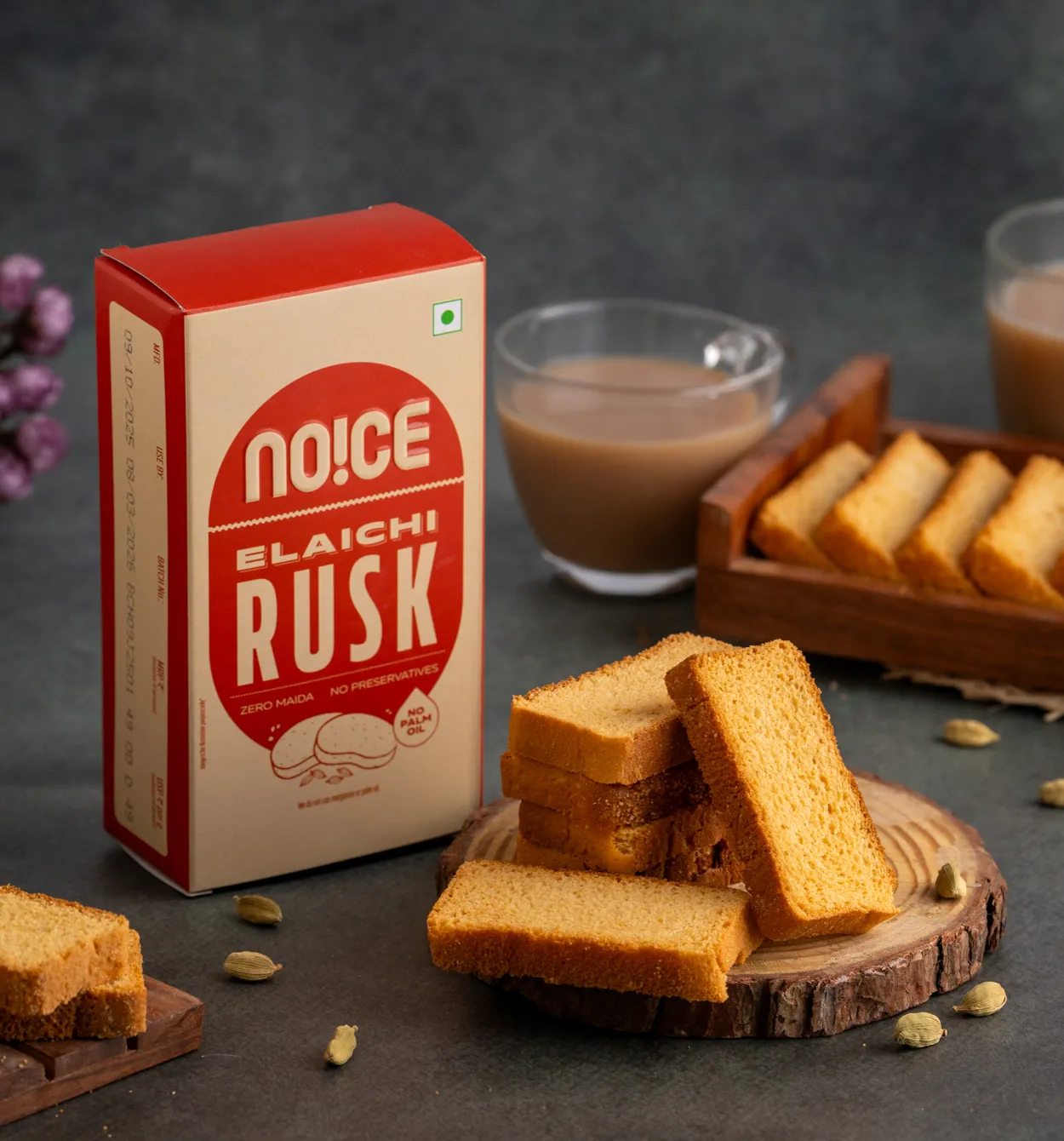 NOICE elaichi rusk baked to a golden crunch with the aroma of cardamom, made with zero maida and no palm oil.