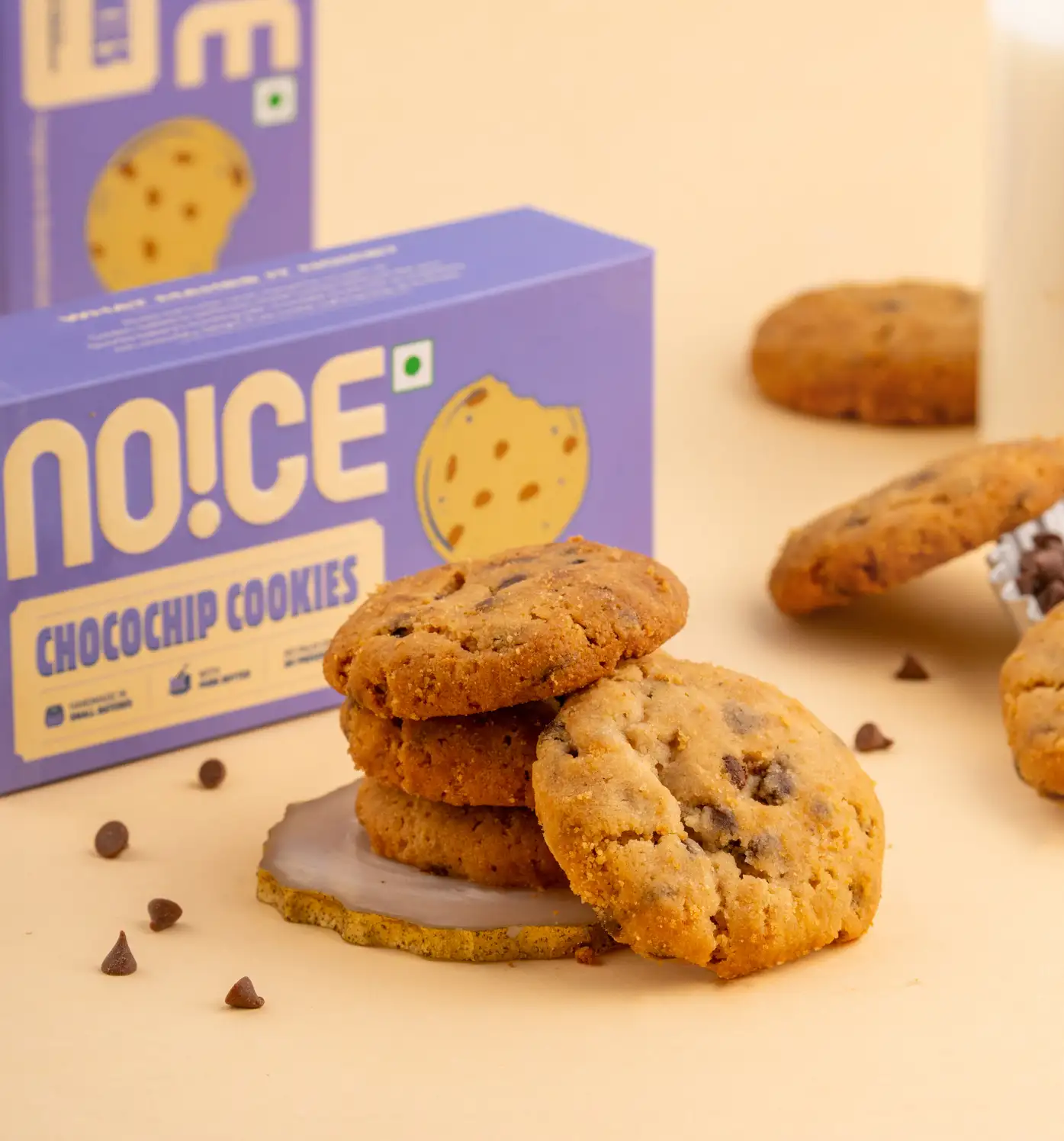 NOICE chocochip cookies loaded with chocolate chips, baked with real butter and zero palm oil.