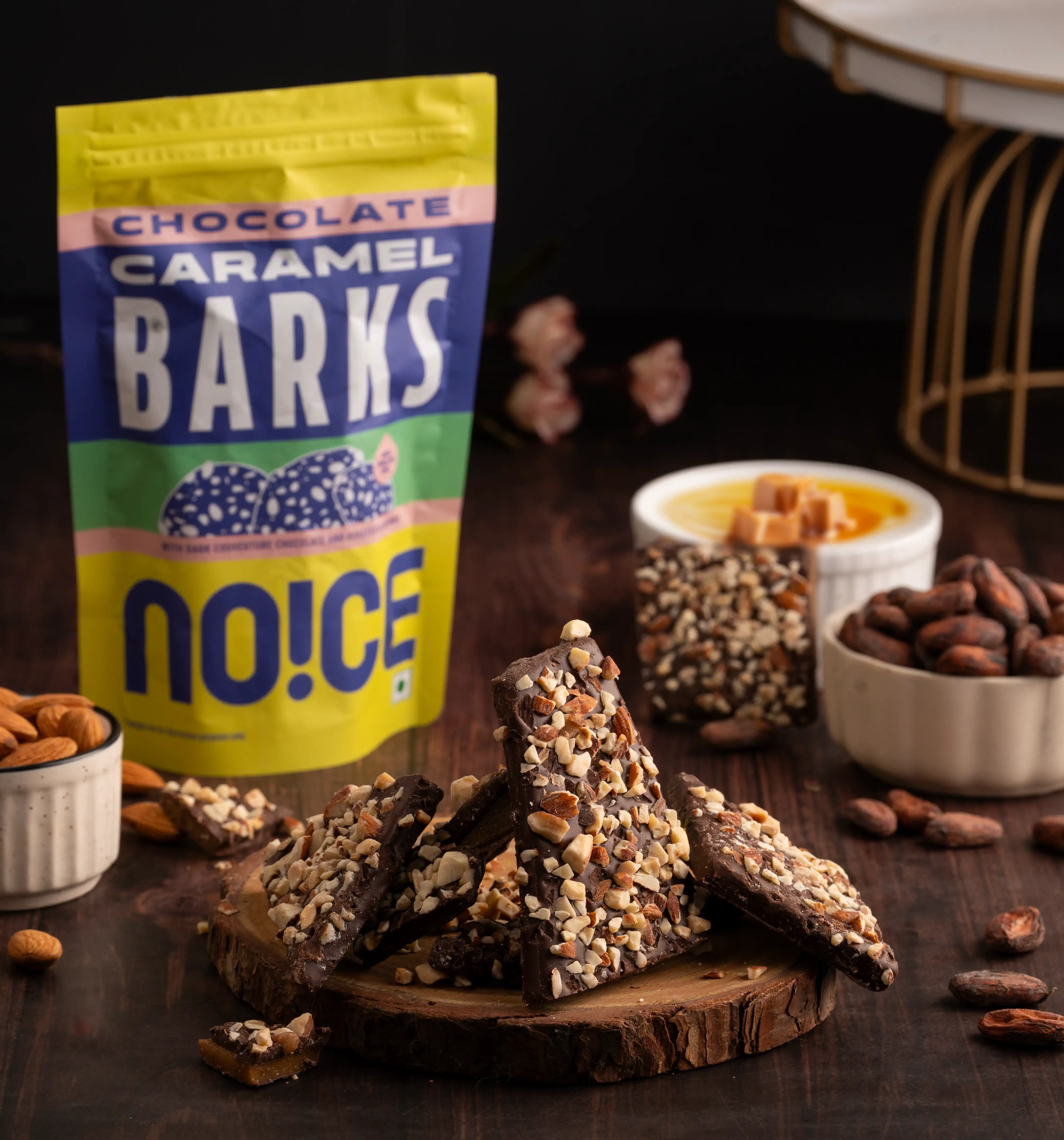 NOICE chocolate caramel bark with almonds dark chocolate crunchy bark