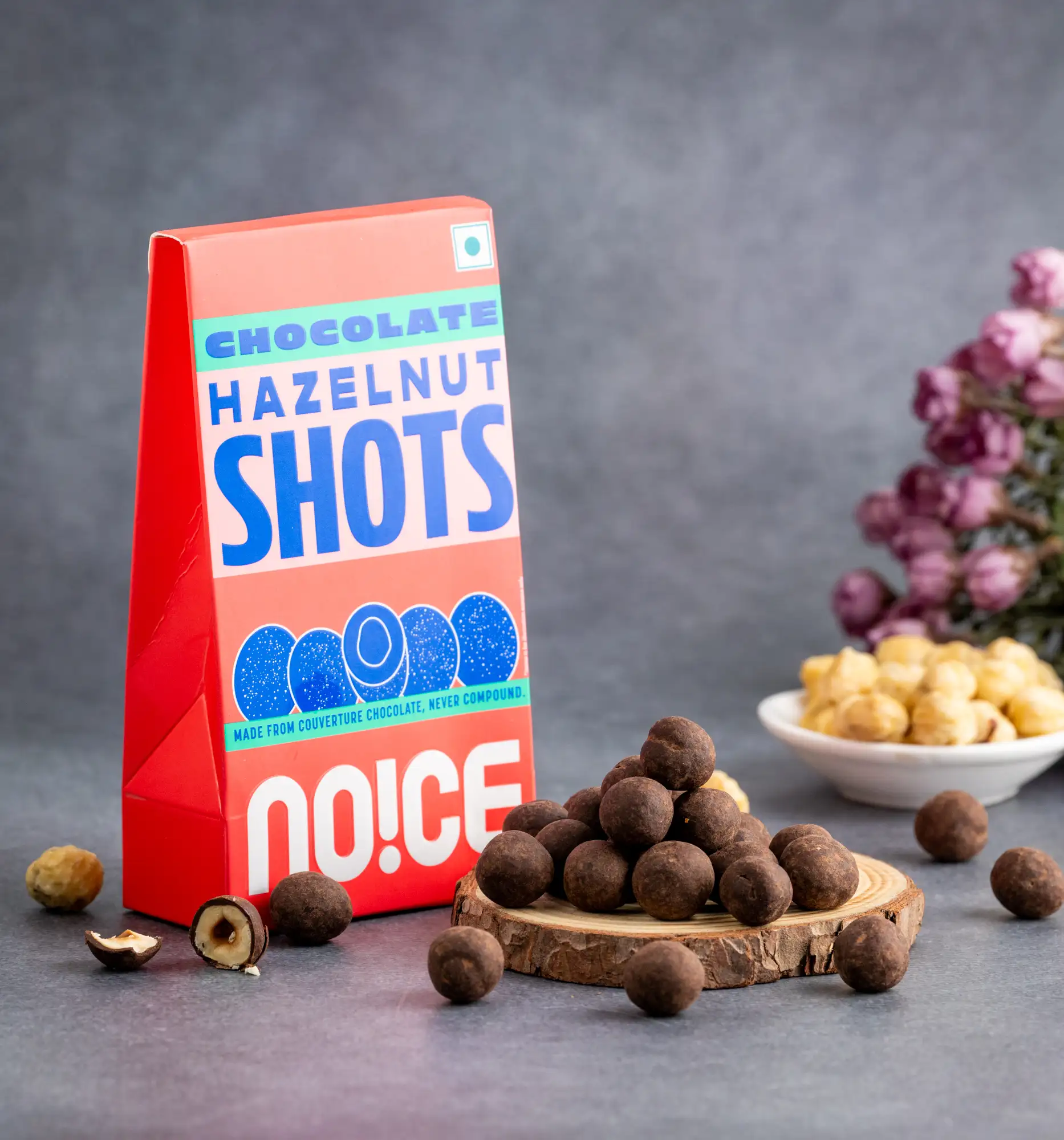 NOICE chocolate hazelnut shots with roasted hazelnuts and couverture chocolate