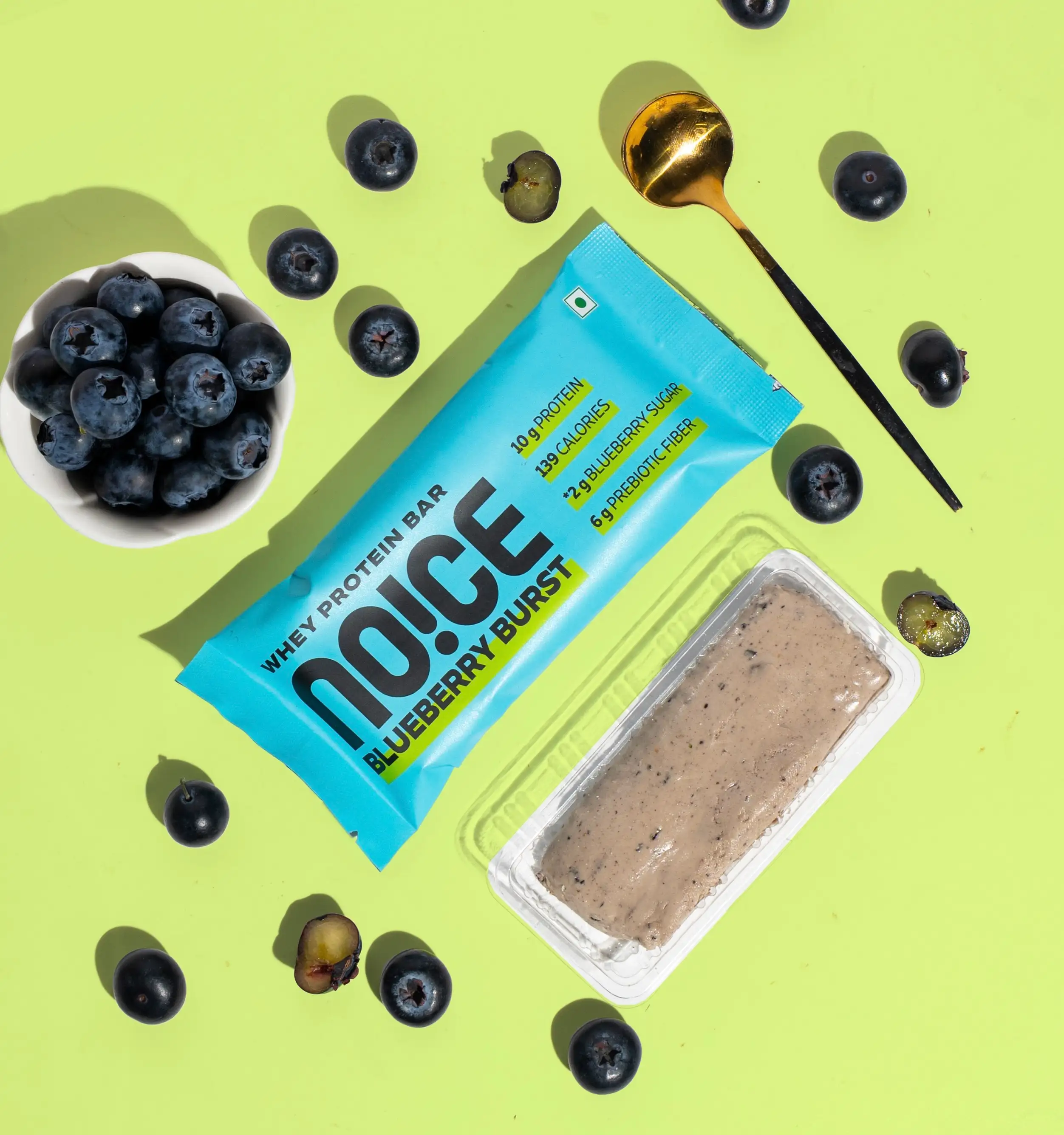 NOICE Blueberry Burst Fudge 10g Whey Protein Bar with juicy blueberries and 6g prebiotic fibre for a healthy protein snack
